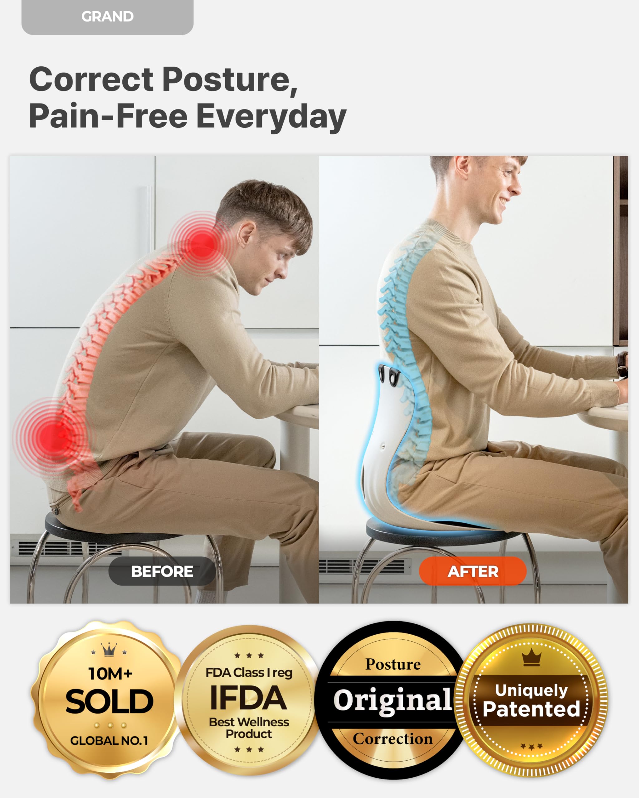 curble Ergonomiczne podparcie oparcia krzesła, podparcie lędźwiowe dla dobrej korekty postawy i łagodzenia bólu pleców, idealne na krzesło biurowe, siedzisko podłogowe i do pracy w domu, opatentowane