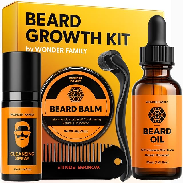 Beard Growth Kit for Men with Beard Oil Derma Roller for Hair Growth Biotin Balm Comb Mustache Shaper