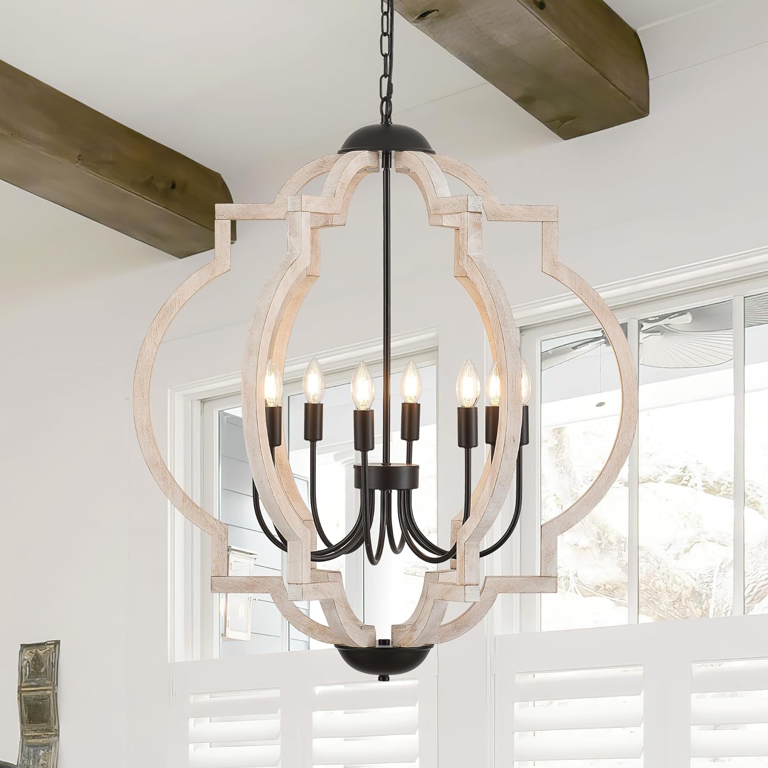 8-light 30.5" farmhouse orb chandelier rustic handmade distressed white wood hanging ceiling pendant light fixture wood lantern chandeliers for dining room kitchen bedroom foyer hallway textured-white d30.5" x h34.5" 8-light
