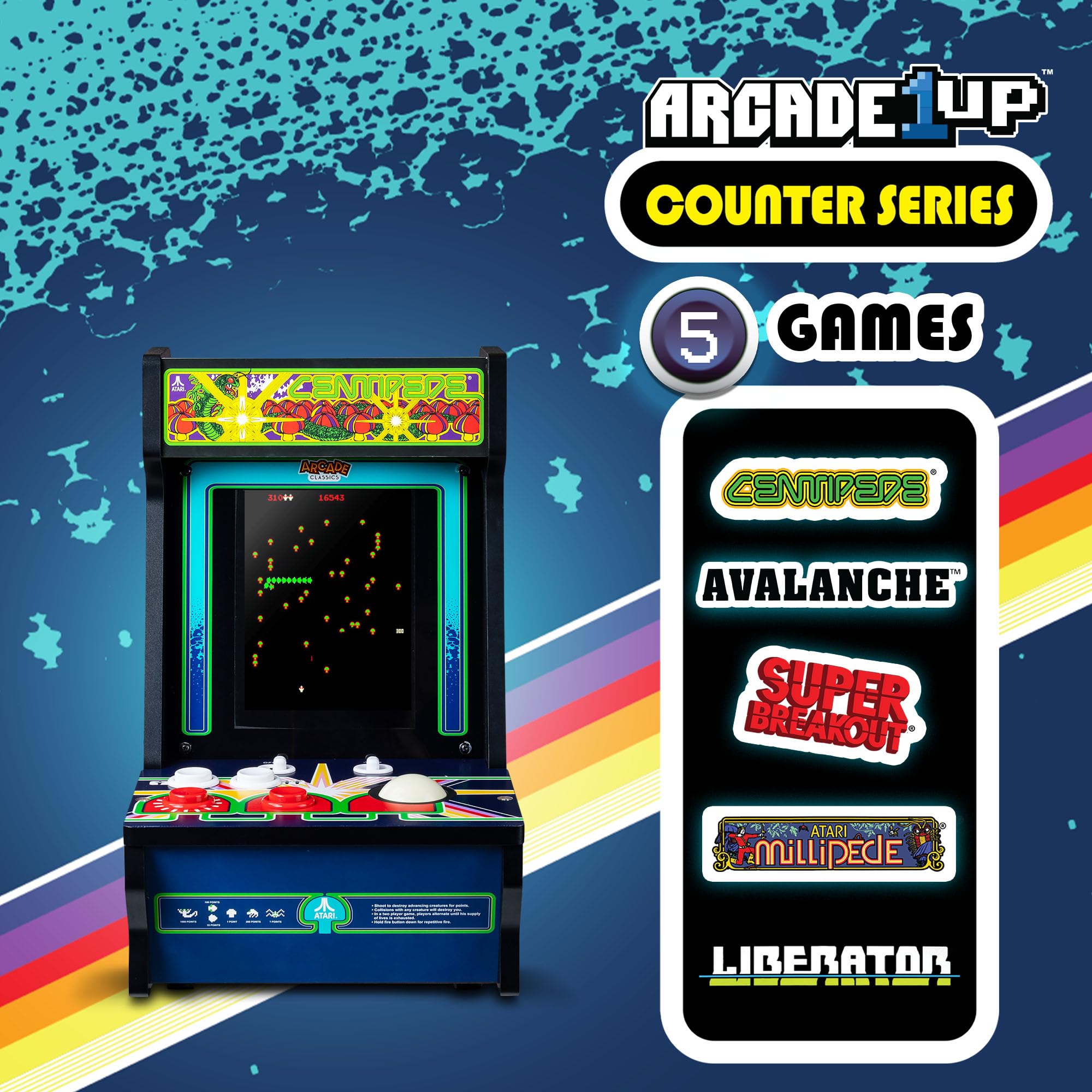 Arcade Classics Maszyna do gier Atari Centipede Counter, 5 gier, ekran ciekłokrystaliczny 20 cm, mini szafka, przenośna gra, retro, konsola na blat, dekoracja piwnicy, męska jaskinia