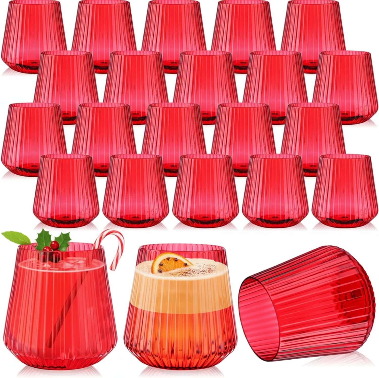Suclain 50 Pcs Plastic Wine Glasses Ribbed Stemless Wine Glasses 14oz Vertical Design Unbreakable Cups for Outdoor Indoor Vintage Elegant Champagne Whiskey Cups for Party Wedding (Green)