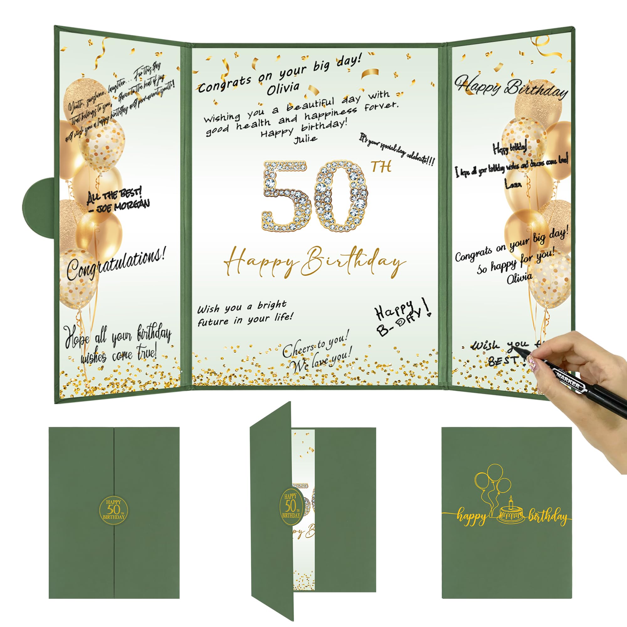DARUNAXY Green &amp; Gold Happy 50th Birthday Alternative Signature Guest Book