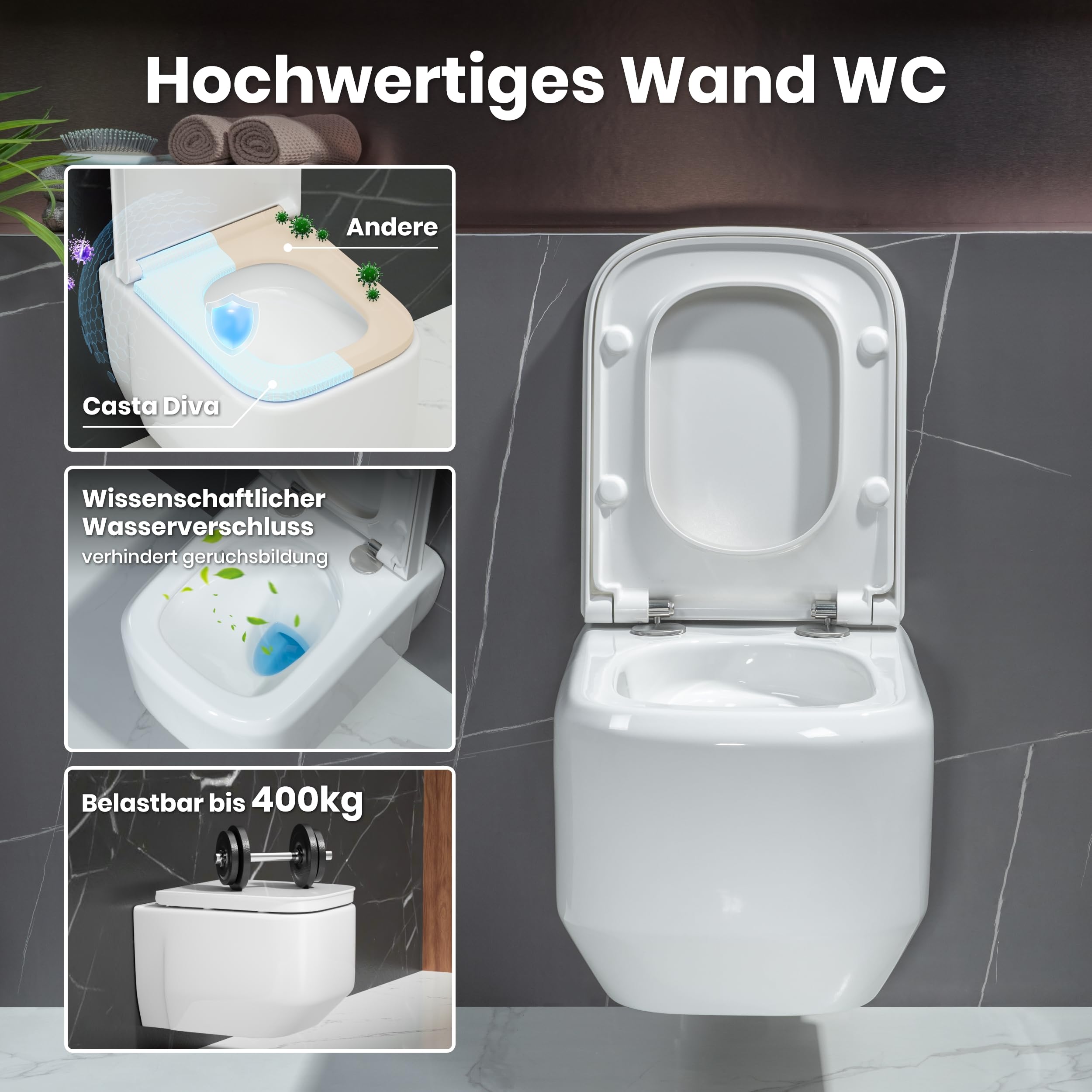 Casta Diva Wand WC, Hänge WC Spülrandlos Kraftvolle Tornado Spülung, Geräuscharm Toilette, UF Kloschüssel inklusive WC-Sitz mit Absenkautomatik und Schnellspanner, 51cm (Weiß)