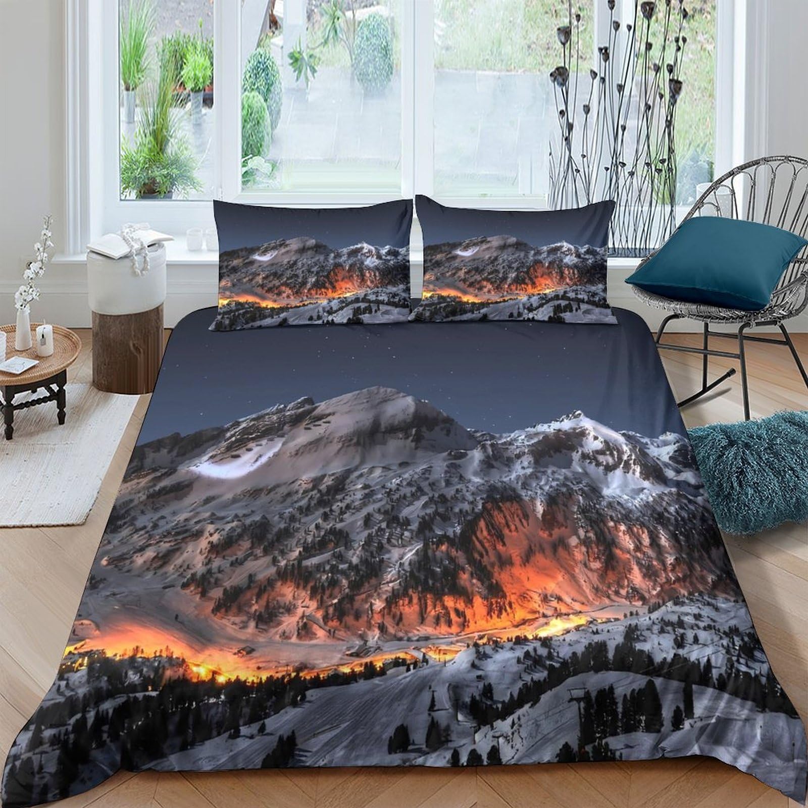 TUFRTGYHN 3D Printed Mountain Sunset Duvet Cover Set Microfiber Soft Breathable Forest Landscape Bedding Set with 2 Pillowcases for Bedroom Decor Single（135x200cm）