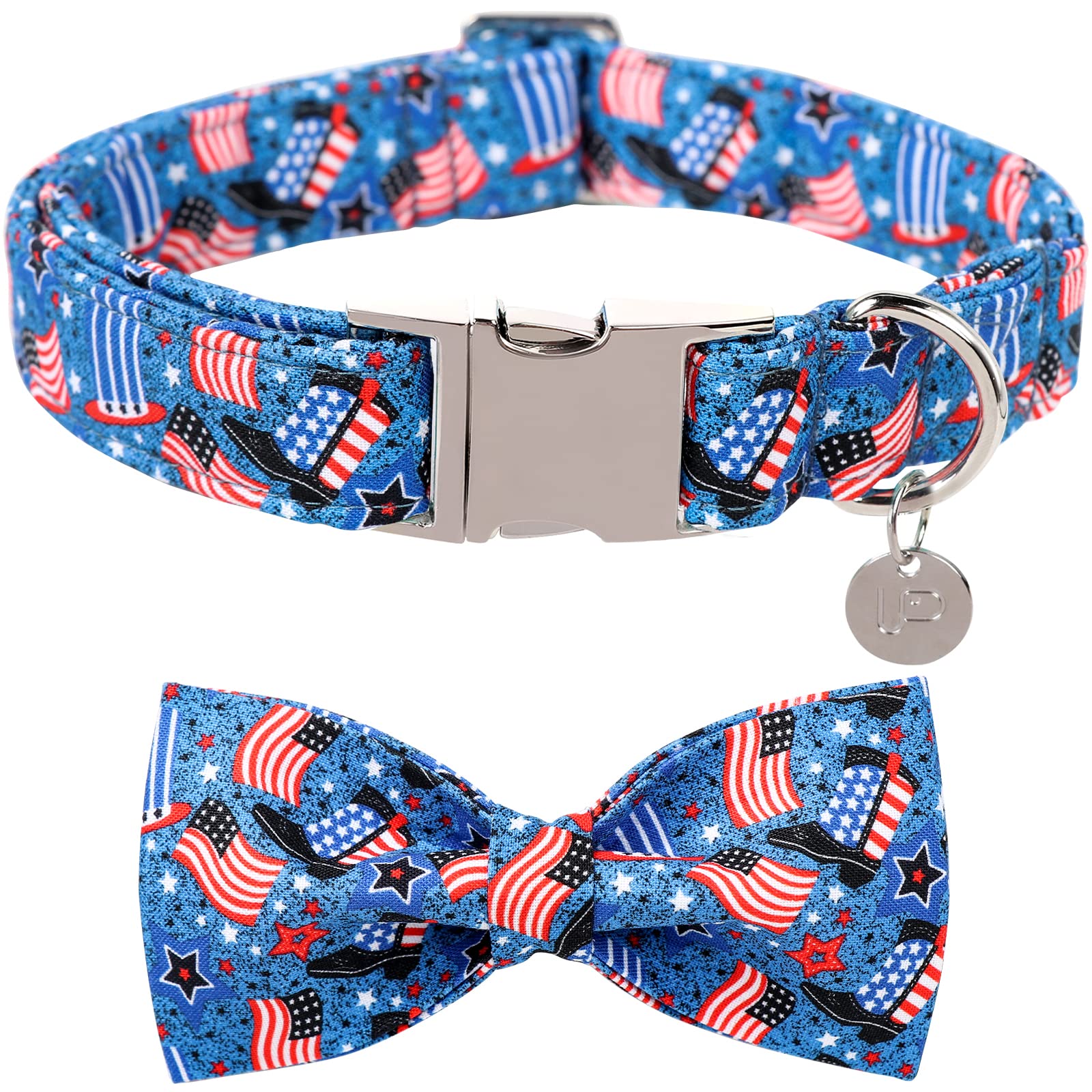 Patriotic Dog Collar with Bow Tie, 4th of July Bowtie Dog Collar, American Flag Collar for X-Large Boy Girl Dog, Comfortable Summer Bowtie Collar with Metal Buckle, XL, Neck 16-26in