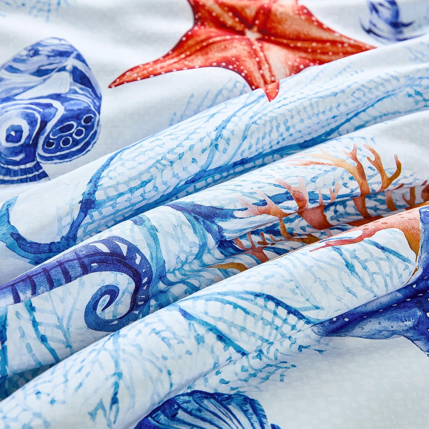 WONGS BEDDING Coastal Queen Comforter Set, 7 Pieces Beach Themed Ocean Sand Dollor & Starfish Pattern Bed in a Bag, Summer Bed Comforter Bedding Set(104"×90")