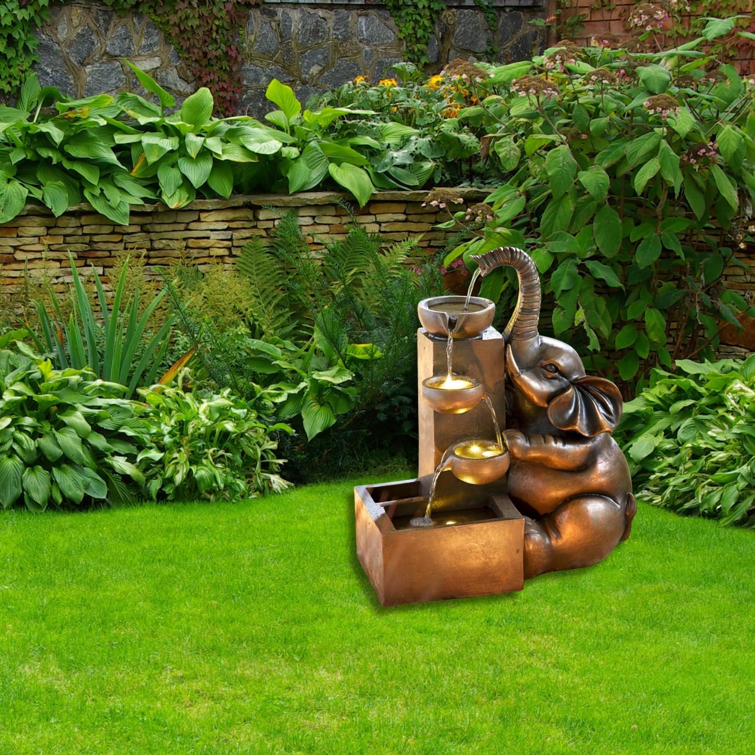 3 PAGEN® Fontaine solaire éléphant extérieure - Cascade - Éclairage d'ambiance - Résistant aux intempéries - Fonctionne à l'énergie solaire - Idéale pour le jardin