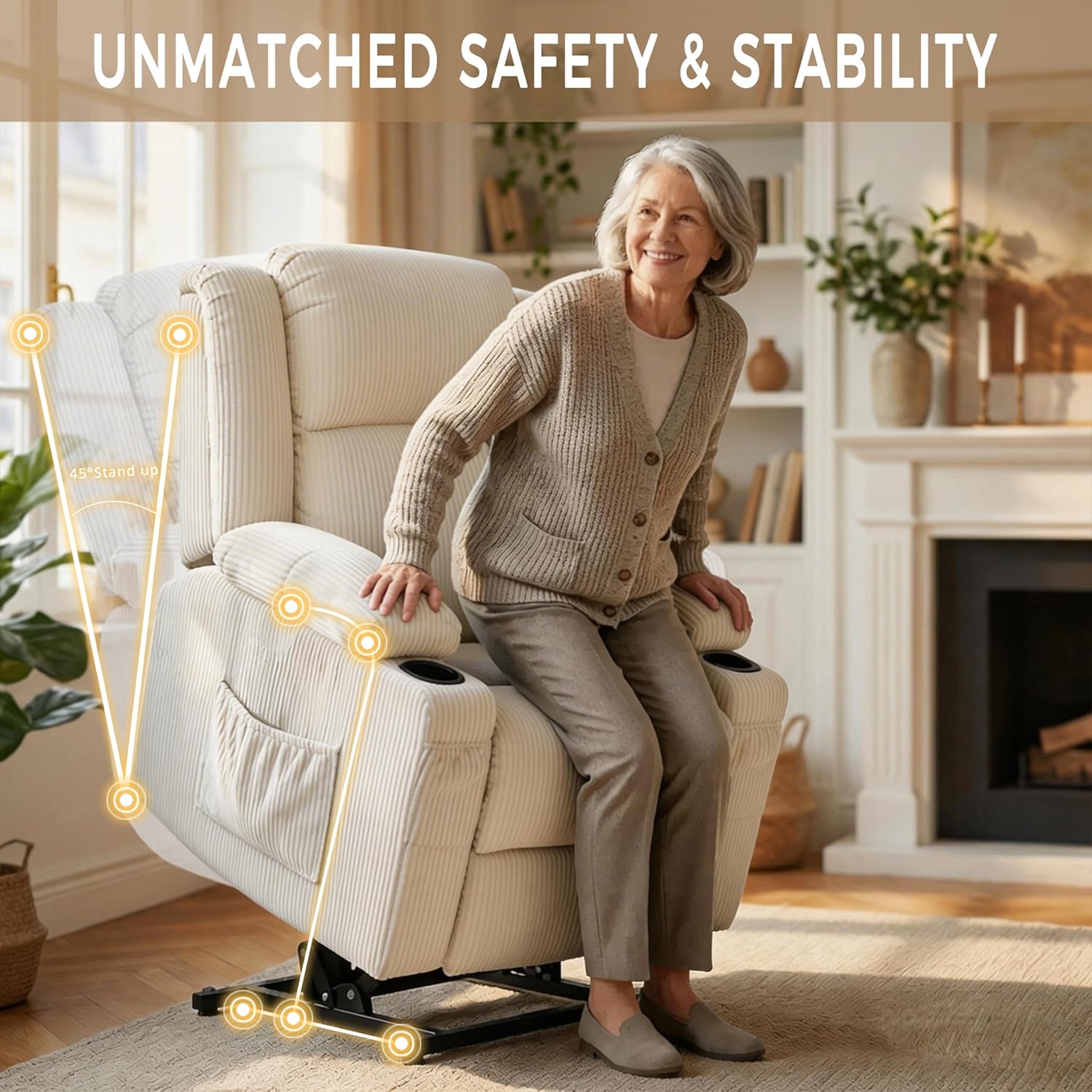 Heavy Duty Power Lift Recliner Chair for Elderly, 400lbs Capacity Massage and Heat Recliner, Soft Corduroy 160° Reclining Electric Stand Up Chair, USB & Type-C, Memory Foam, Cup Holders (Beige)