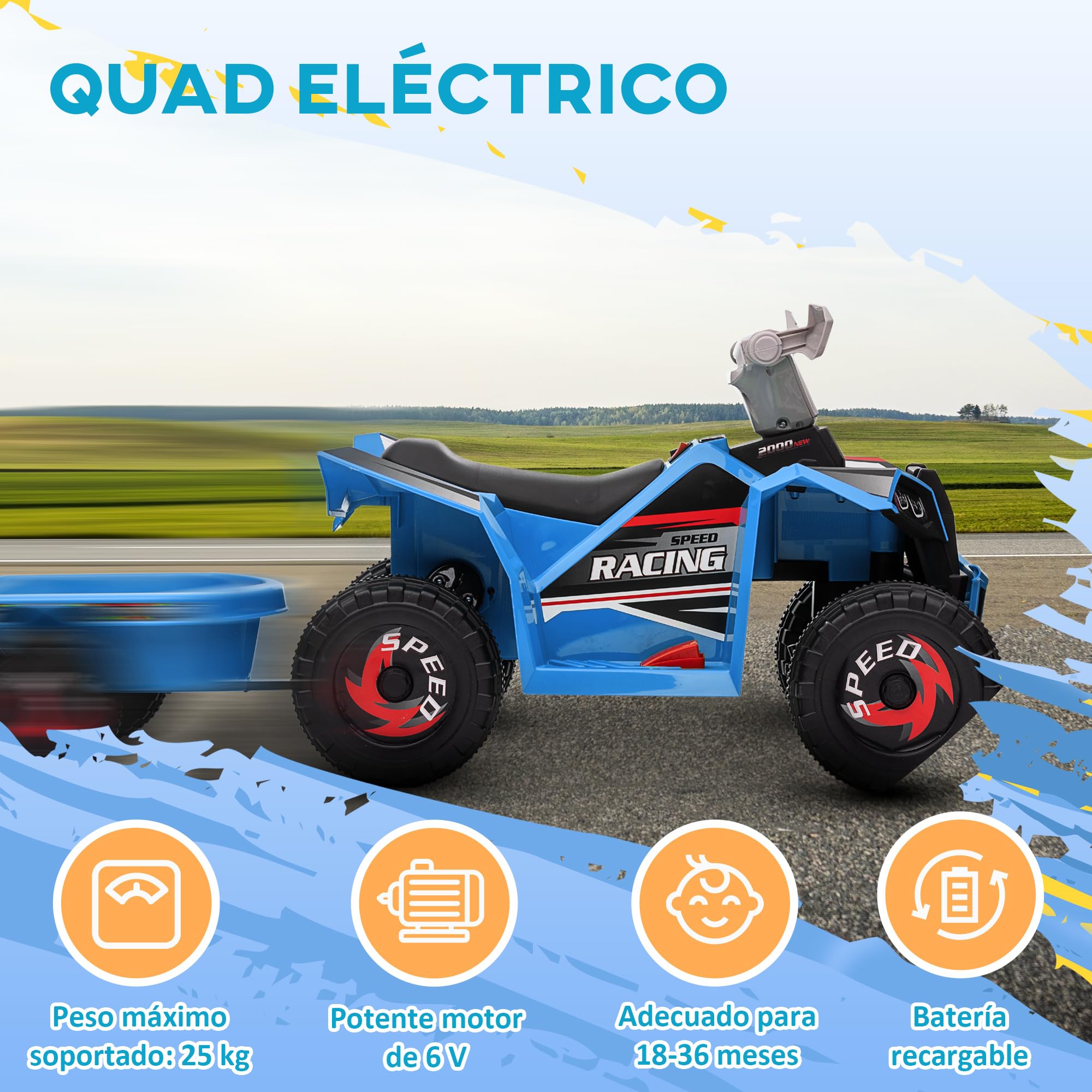 HOMCOM Quad Eléctrico para Niños con Remolque a Batería 6V, Quad para Niños de 18-36 Meses con Velocidad 2,5 km/h, 6 Ruedas y Manillar Antideslizante, 106x41,5x48,5 cm, Azul