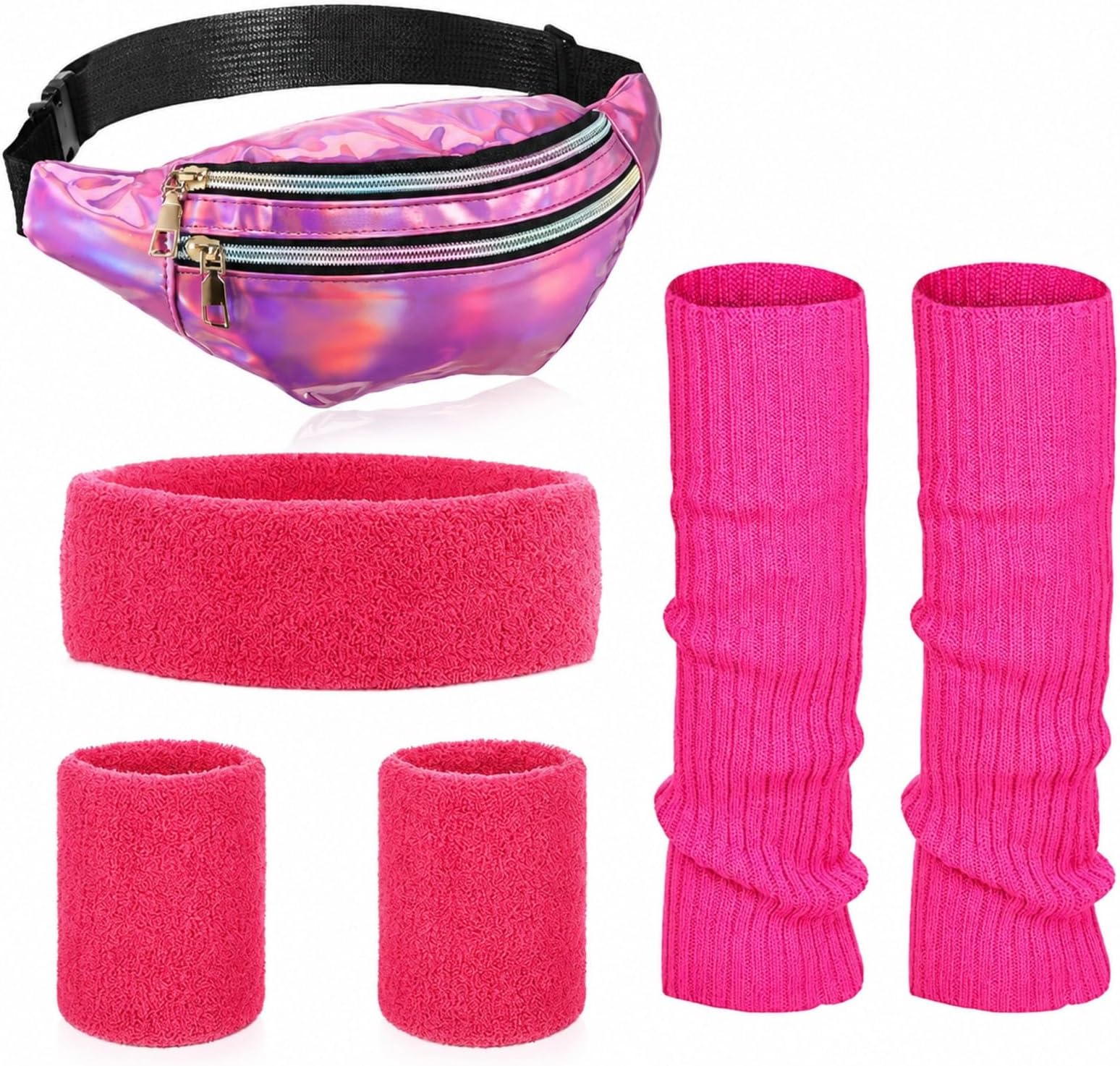 80s Women Workout Outfit Neon Leg Warmer Headband Wristbands Fanny Pack Set 80s Accessories for Yoga Running