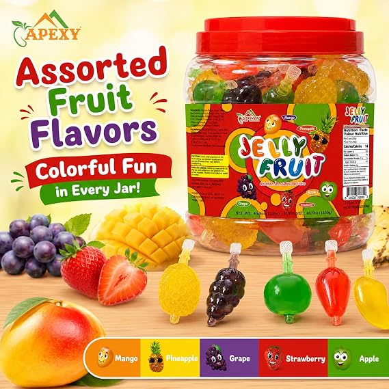 Apexy Jelly Fruit Candy Assorted Fruit Flavors, Halloween Treat Juicy Chewy Gel Snacks, Kids & Adults Party Favors, Fun Treats for Goodie Bags & Events 46.9oz (1330g)