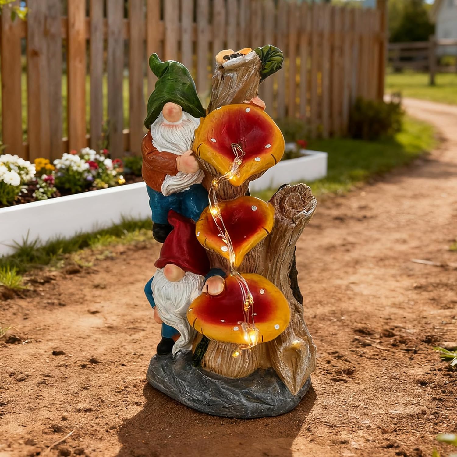 Solar Powered Garden Gnome Statue with Mushroom Waterfall LED Lights, Resin Fairy Garden Ornament, Outdoor Decor for Patio Lawn Yard, for Gnome Lovers