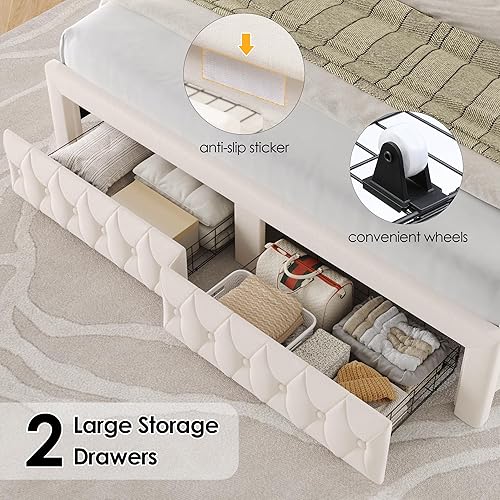 Miniatura 6 de Keyluv Marco de cama Queen con luces LED y 2 cajones de almacenamiento, plataforma tapizada de terciopelo con cabecera alta en forma de arco de 47