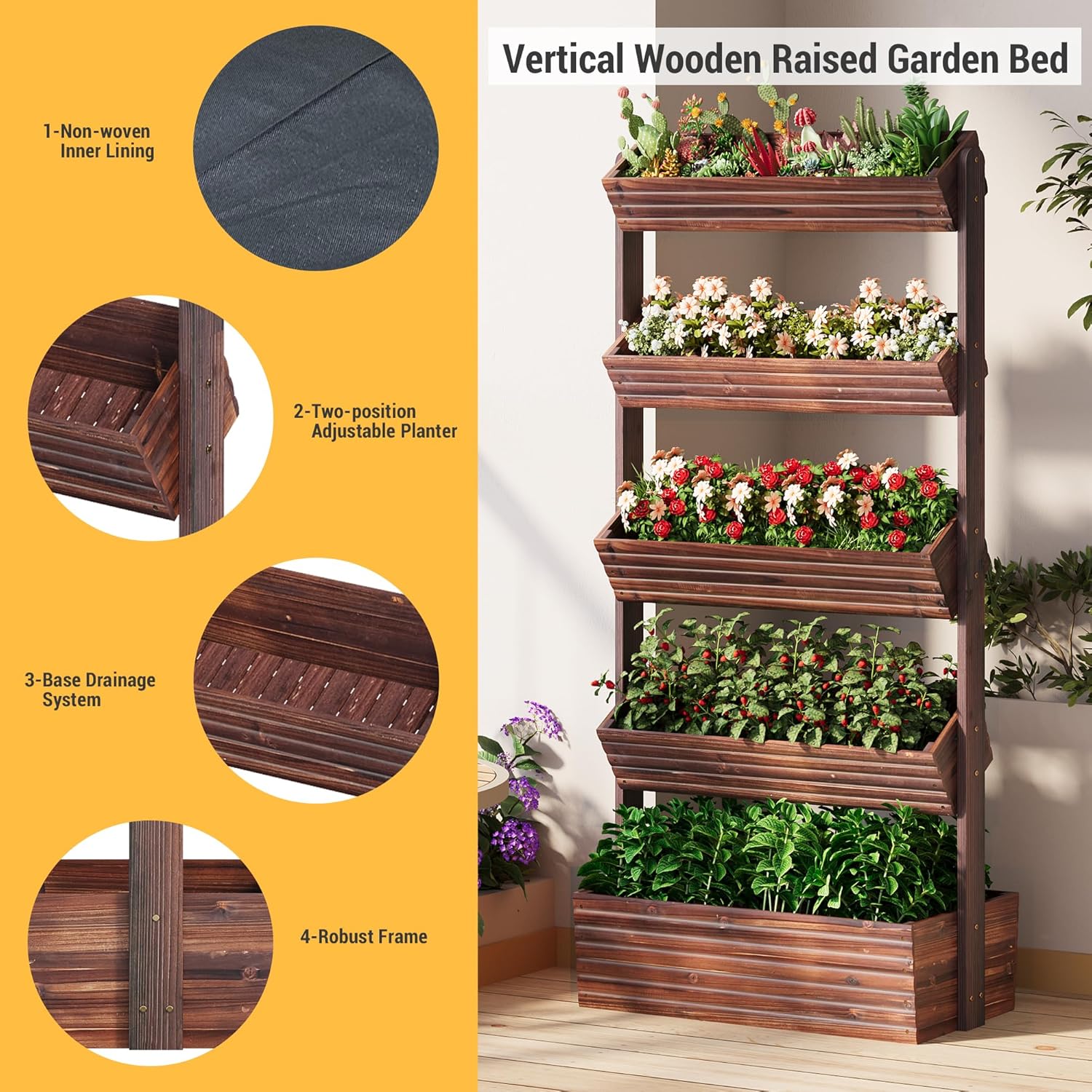 Vertical Wooden Raised Garden Bed Planters Wood Planter Kit Plant Stand Flower Rack Planter Box Gardening Plants Herbs Flowers Vegetables Outdoor Indoor Freestanding (Carbonized 5-Tier)