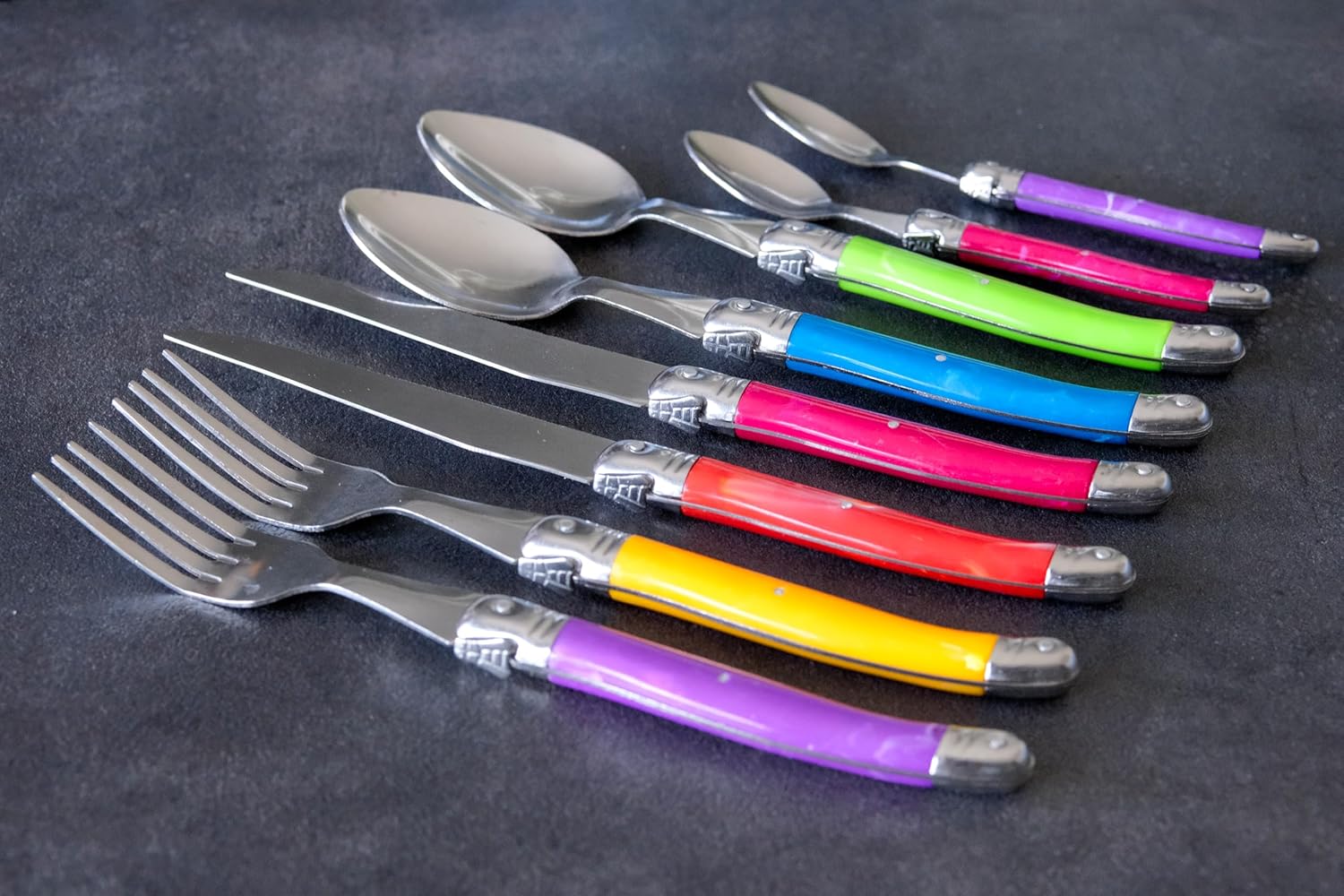 Laguiole Heritage Dinnerware Set; Luxury French Flatware in Premium Stainless Steel with Ergonomic ABS Handles; Features 6 Steak Knives, Forks, Tea/Coffee & Dessert Spoons, Multicolor, 24-Piece