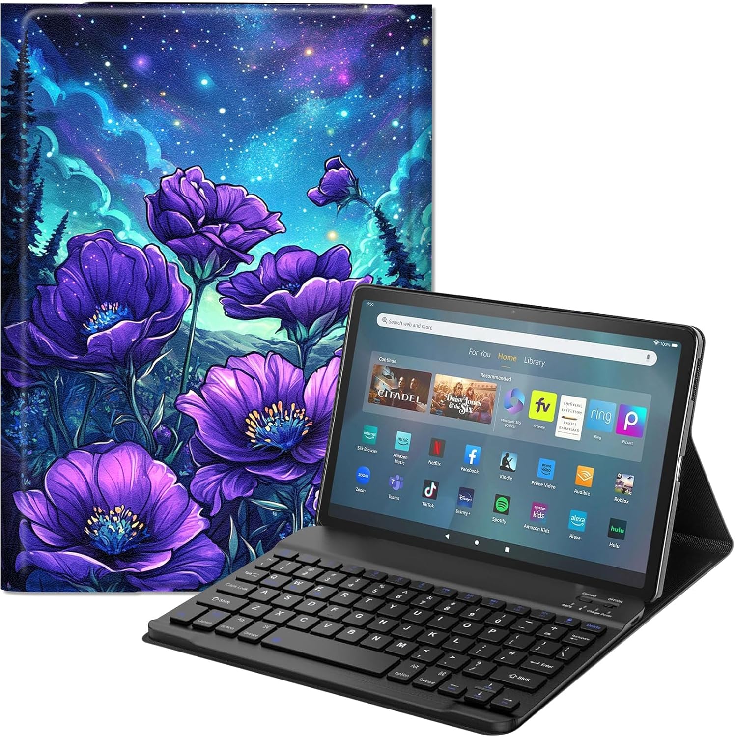 Keyboard Case for Fire Max 11 inch (13th Generation, 2023 Release) – PU Leather Stand Cover, Detachable Bluetooth Keyboard, Protective Purple Flowers Design