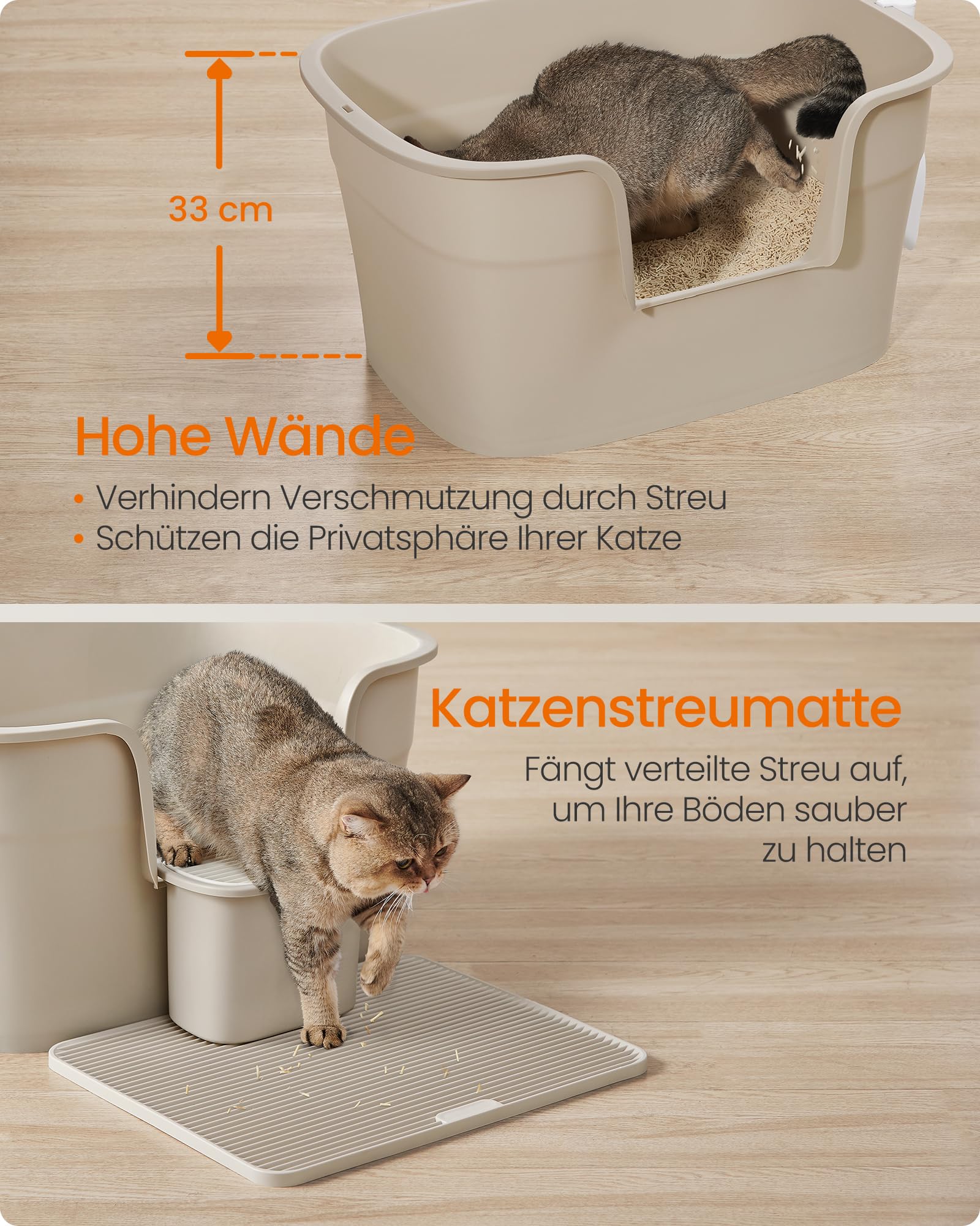 Feandrea Katzenklo, extragroße Katzentoilette, für Mehrkatzenhaushalte, mit hohen Seitenwänden, Katzenstreumatte, Aufbewahrungsbox, Schaufel, für große Katzen, cappuccinobeige PPT003K01