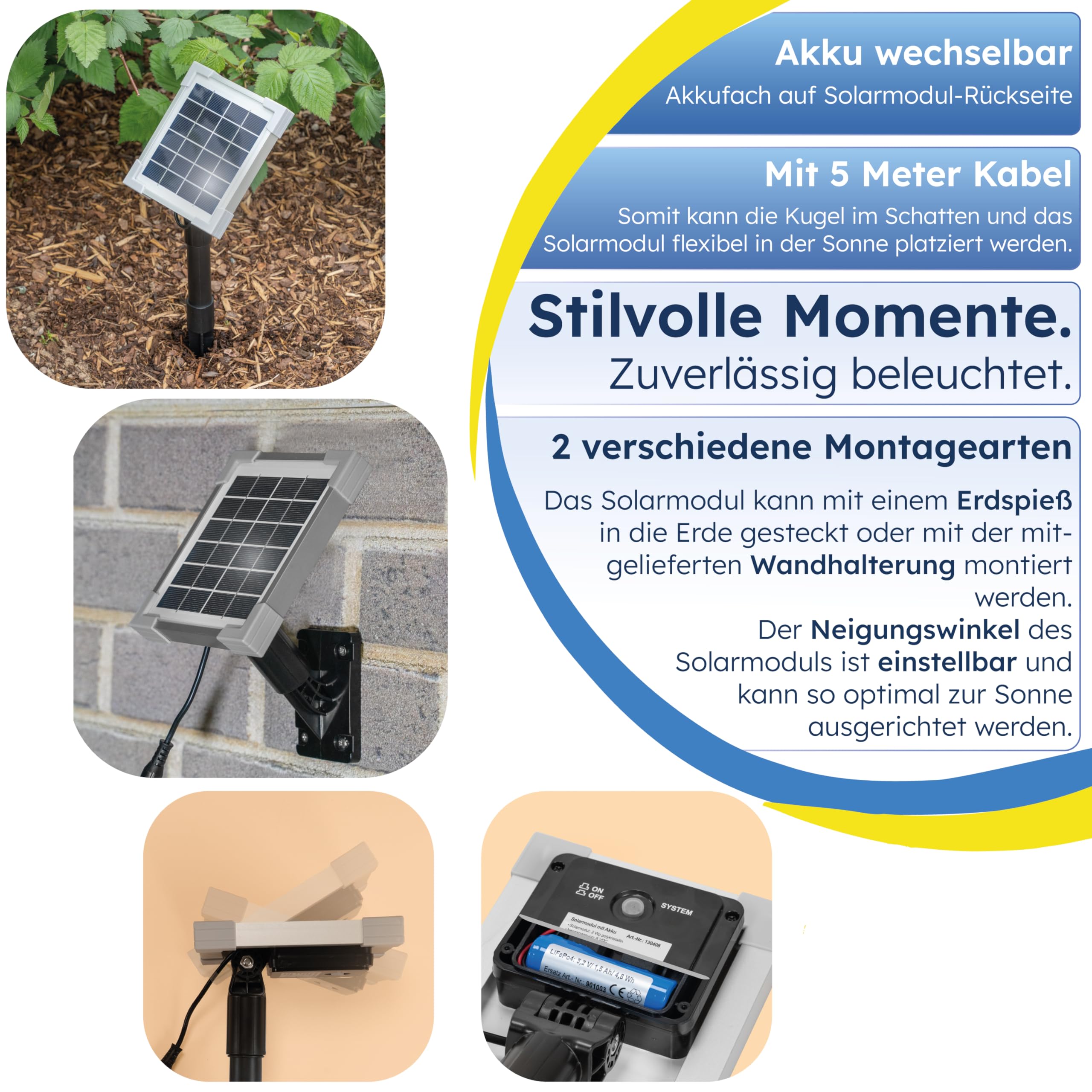 Esotec Solar Deko-Leuchtkugel, 40cm, 9 Leuchtfarben, Dauer oder Wechsellicht, Akku, Solarmodul, Erdspieß, Solarmodul-Wandhalterung, Schraubbefestigung, Solarkugel, winterfest 106111