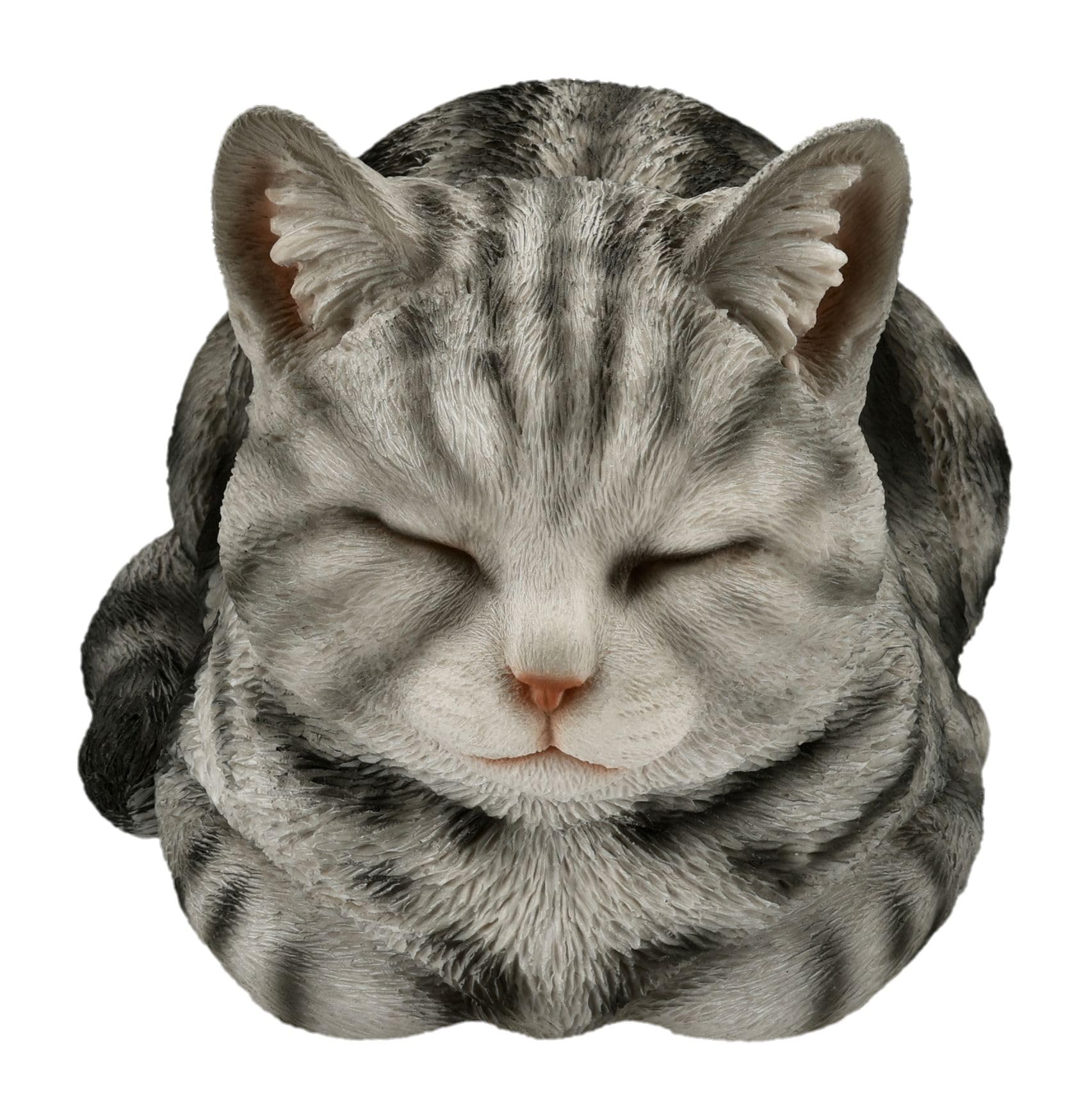 Figuren Shop GmbH Katzenfigur schlafend 34 cm – liegende Tigerkatze grau getigert aus Polyresin, handbemalt und wetterfest – Tierfigur für Garten, Beet, Terrasse und Wohnzimmer