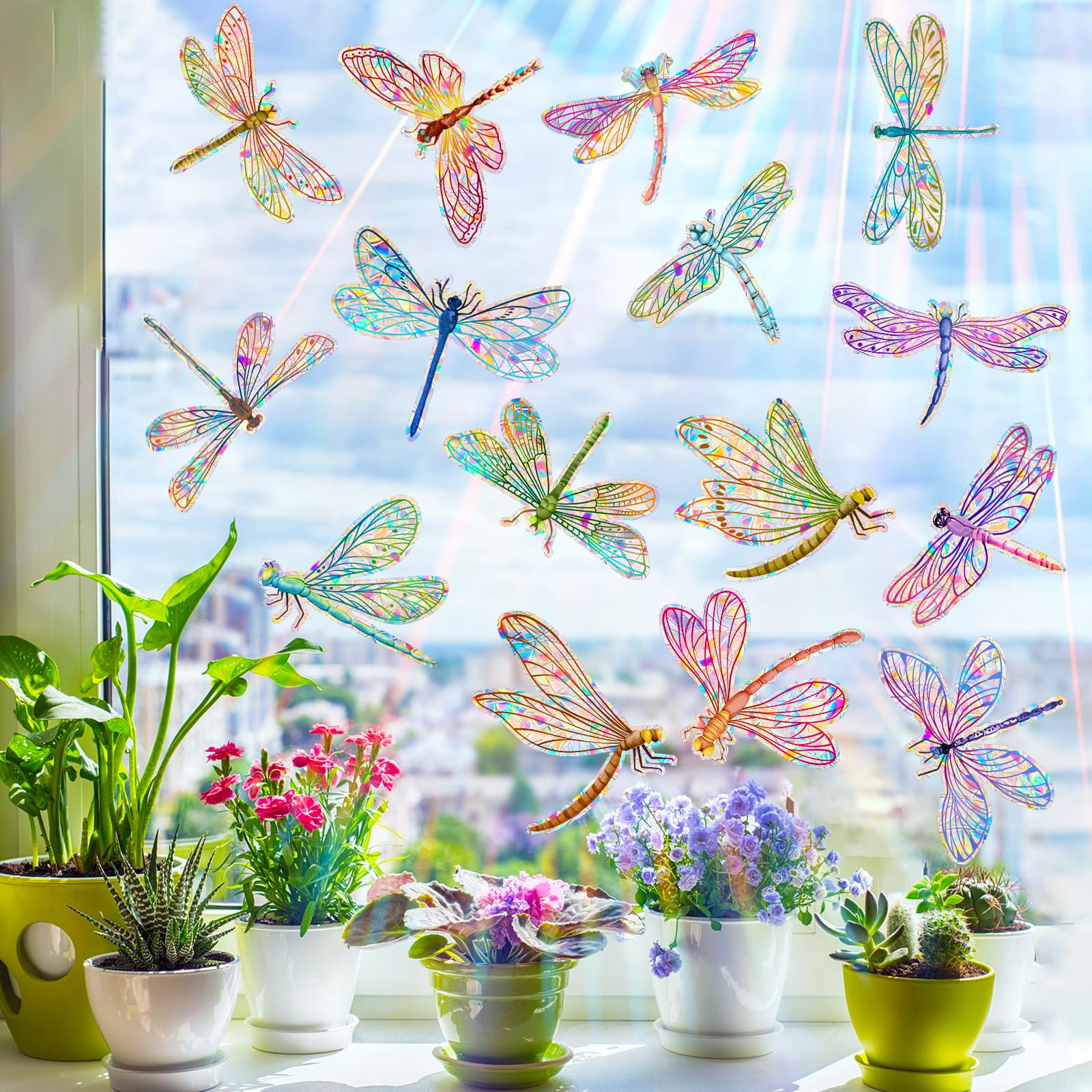 Dragonfly Window Clings for Glass Windows, Bird Anti Collision Window Stickers for Birds, Window Decals to Prevent Bird Strikes, Non Adhesive Window Prism, Sun Catchers Indoor Window