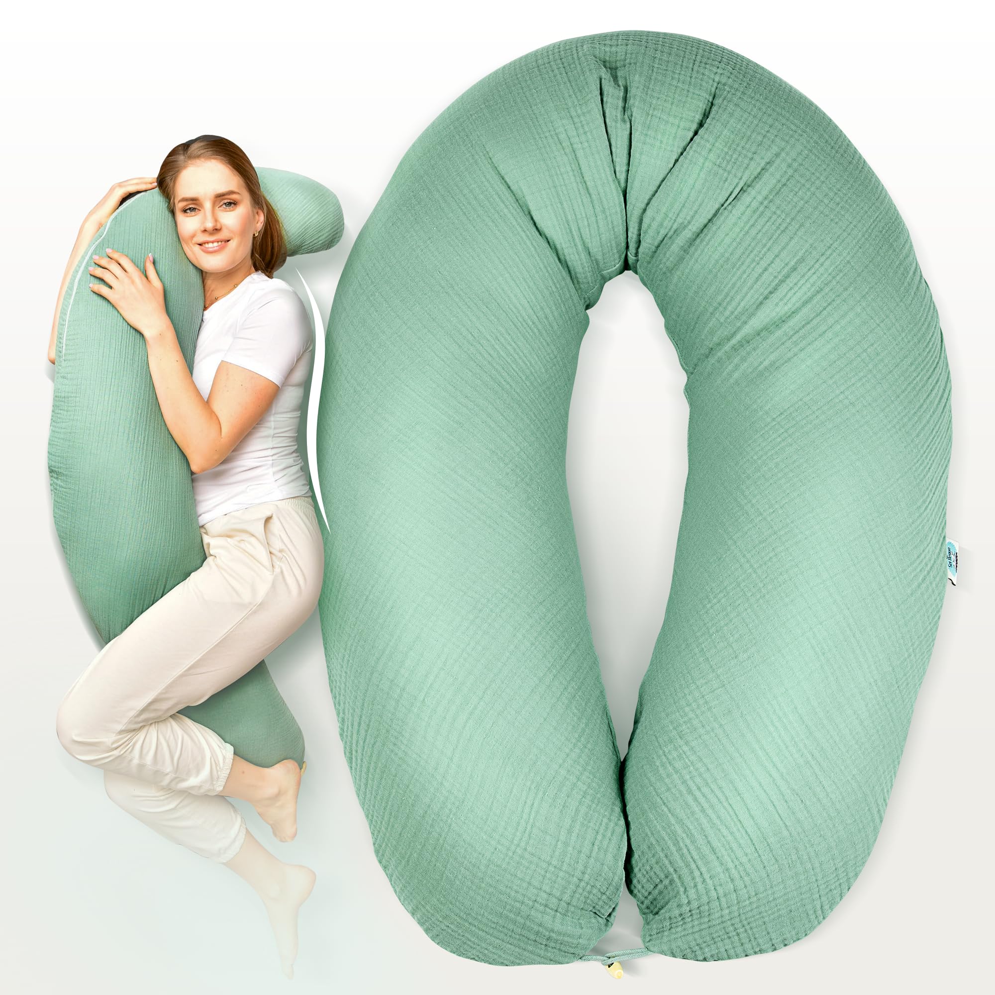 sei Design Stillkissen XXL Set Mikroperlen-Füllung Musselin-Bezug + noch 1 X Stillkissenbezug aus Bio Baumwolle, ergonomisches Schwangerschaftskissen Seitenschläferkissen Babynestchen