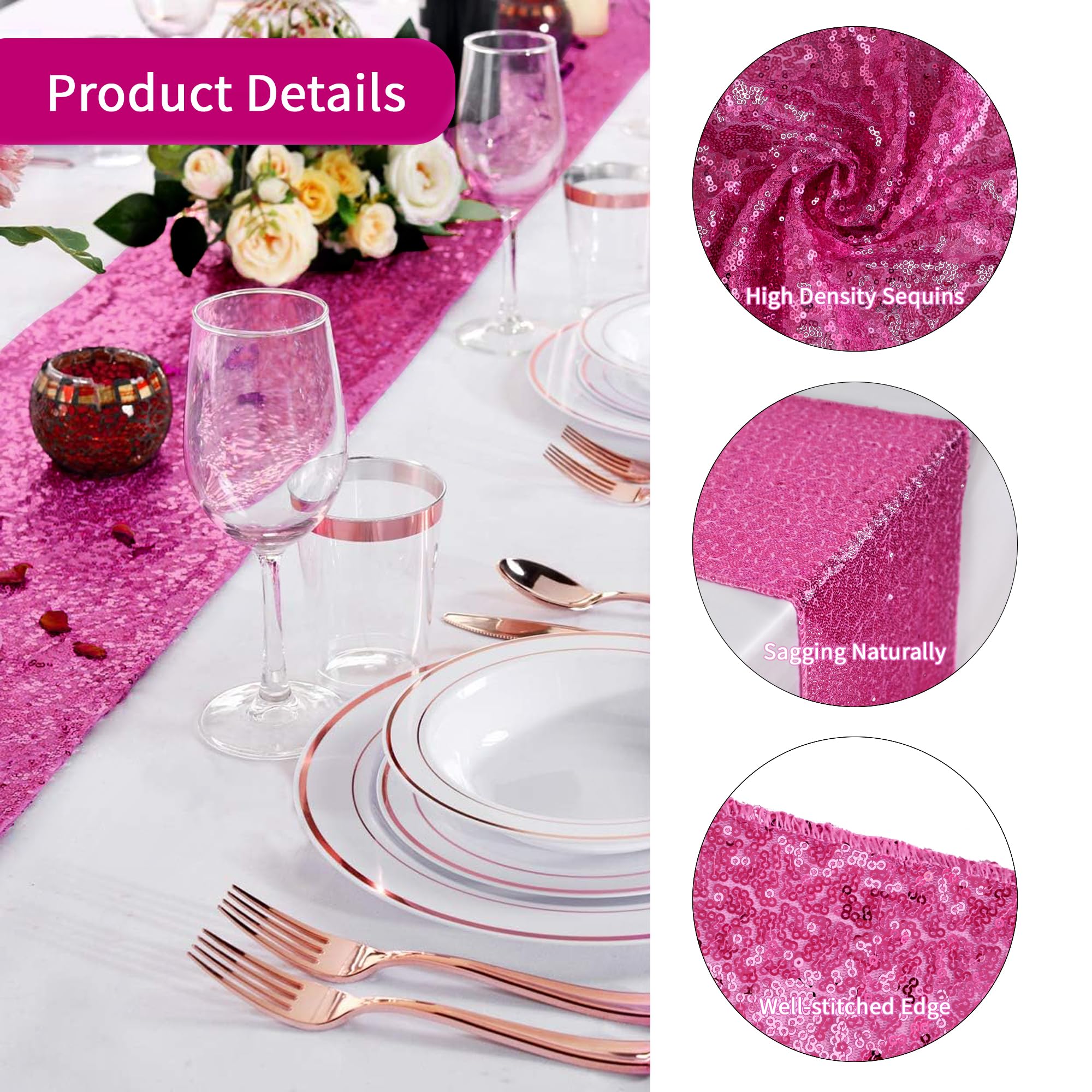 Confezione da 15 runner da tavola con paillettes, 30,5 x 274 cm, colore: rosa acceso, runner da tavola con paillettes metallizzate, glitter, per matrimoni, ricevimenti, feste di fidanzamento, feste di