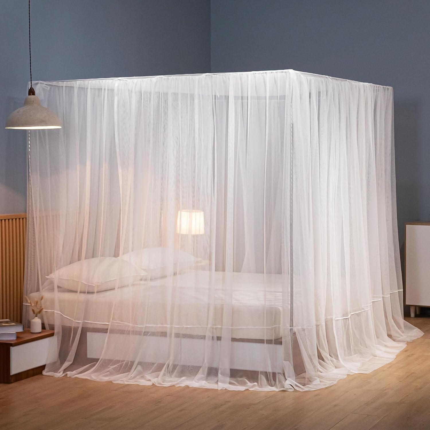lazyzzz Canopy for Bed 4 Corner White Canopy Bed Curtains, Mosquito Net Bed Canopy for King Bed, Bedroom Decor Drapes Indoor Outdoor Room Decor Mosquito Netting