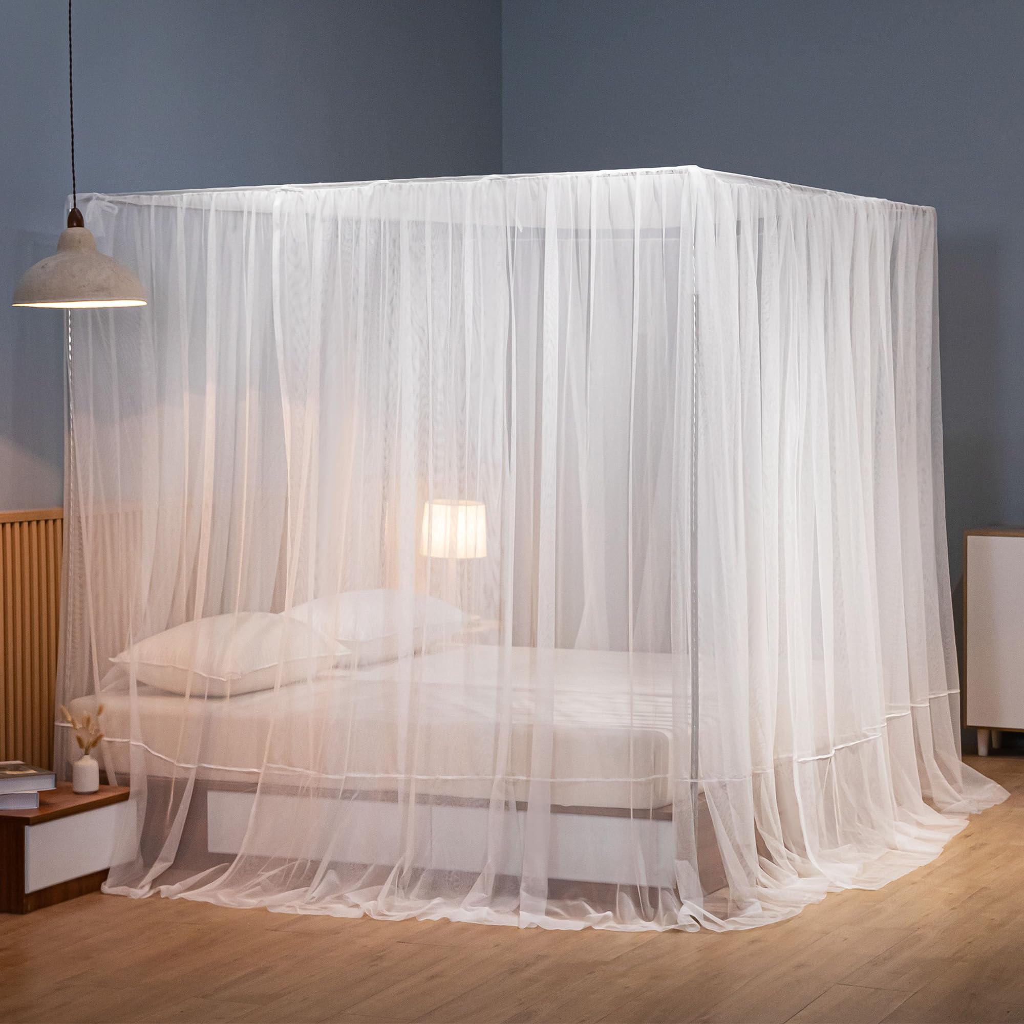 lazyzzz Betthimmel-Vorhänge, Queen-Size-Bettvorhänge, 150 x 198 x 198 cm, weißes Polyester-Netz mit 4 Pfosten-Seilen, Prinzessinnen-Baldachin, Vorhänge, Moskitonetz für Schlafzimmer, Hochzeit
