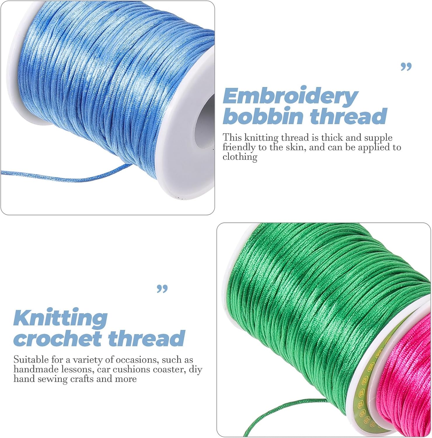 ABOOFAN 3 Rolls Crochet Thread Yarn Set for Crafts DIY Macrame, 1-1.5Mm Thick Polyester Knitting Thread, 80 Meters Each in Green, Rose Red, and Sky Blue, for Bracelet Making and Hand