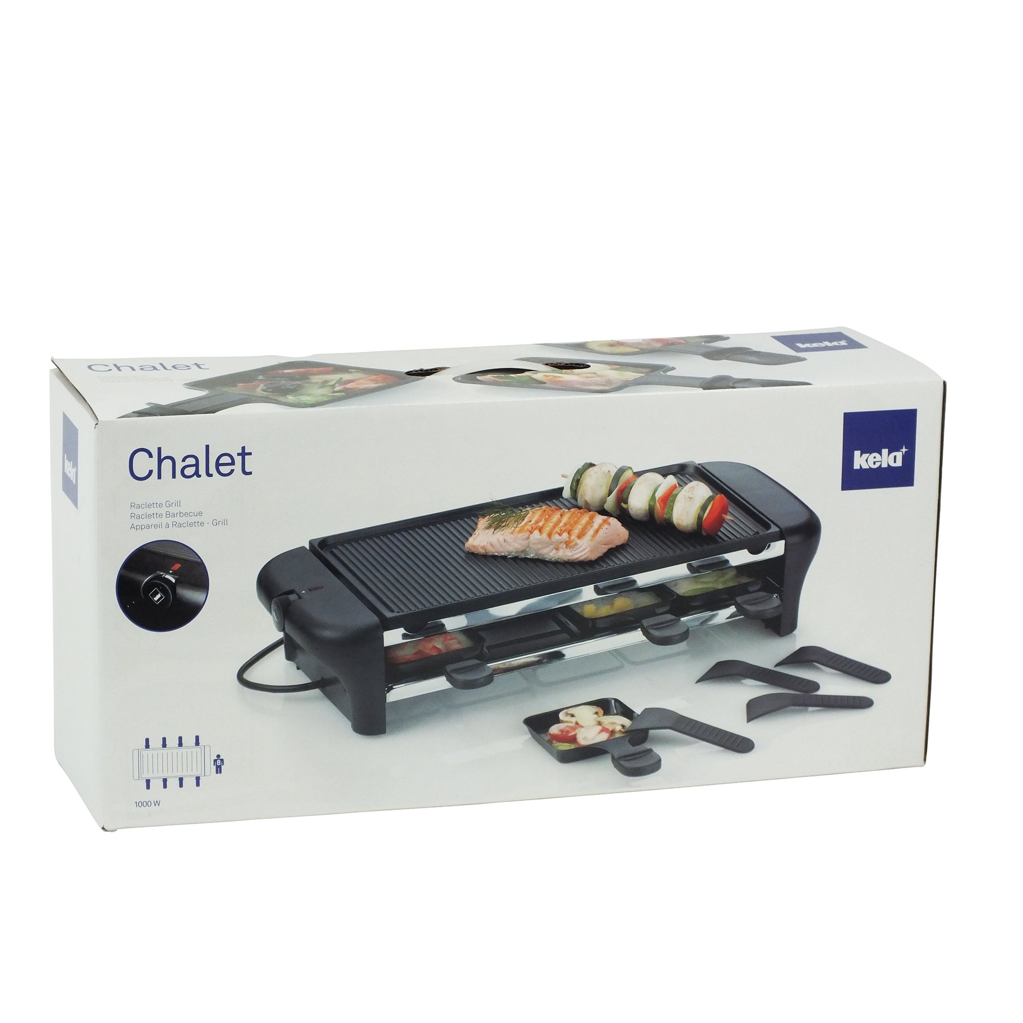 Kela 64002 appareil à raclette électrique avec grill, 8 personnes, aluminium anti-adhésif, ‘Chalet’