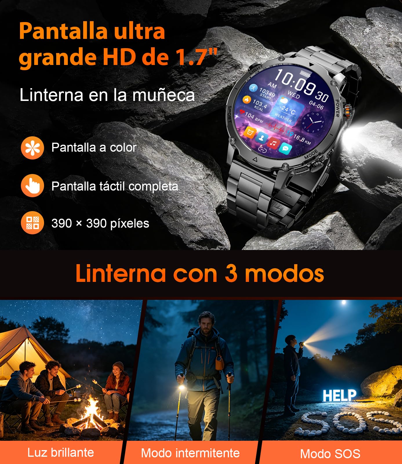 LIGE Smartwatch Hombre Militar, Batería 1400mAh, Pantalla HD 1,7", Llamadas Bluetooth, 110+ Modos Deportivos, Linterna LED, IP68 Impermeable, Reloj Inteligente Hombre Android iOS, 2 Correa