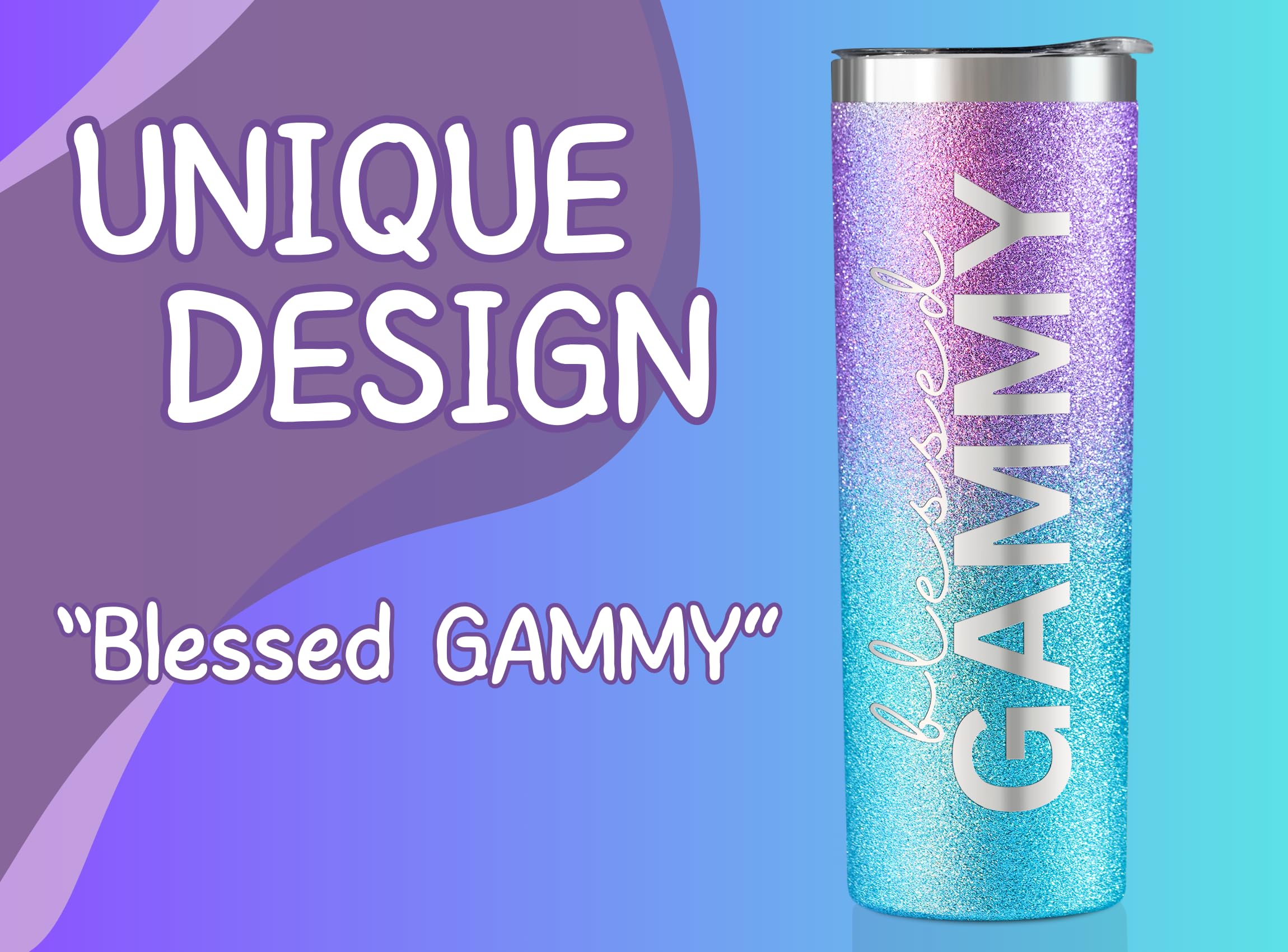 Onebttl Gammy Gifts for Grandma's Mother's Day, 20oz Purple & Blue Glitter Skinny Tumbler, Straw & Lid Included, Christian Gifts for Blessed Gammy