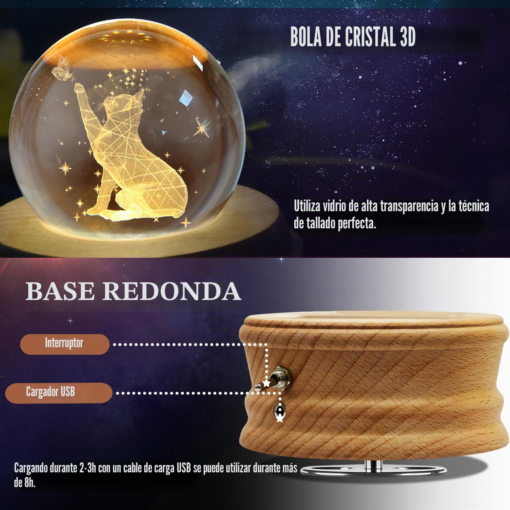 Caja de Música con Bola de Cristal,Caja de Música de Madera con Proyección,Base Giratoria de Madera con Rotación de 360°con Luz, Cristal 3D K9,Regalo de Cumpleaños Navidad Mujeres Niños