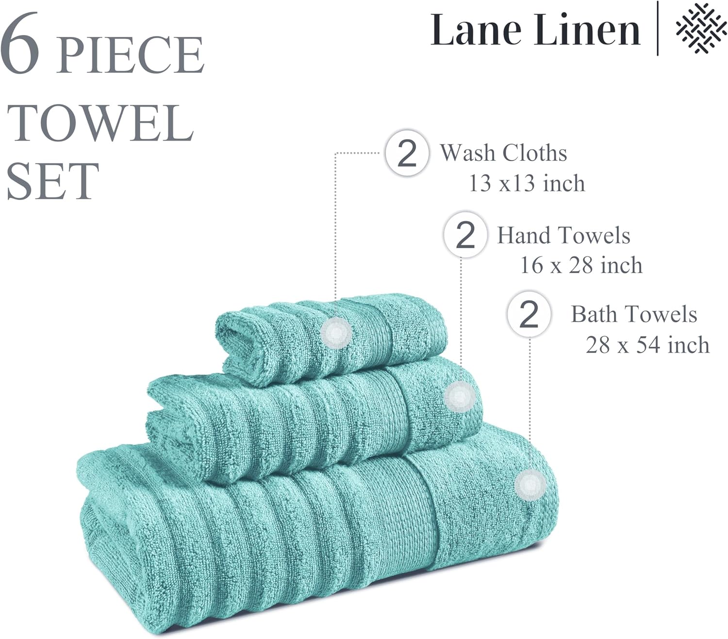LANE LINEN Cotton Towel Set 6 Pieces - Super Soft, Durable & Highly Absorbent - 2 Bath, 2 Washcloths, 2 Hand Towels for Bathroom - Oeko TEX Certified, Zero Twist Tech & Hotel Quality - Aqua Sky