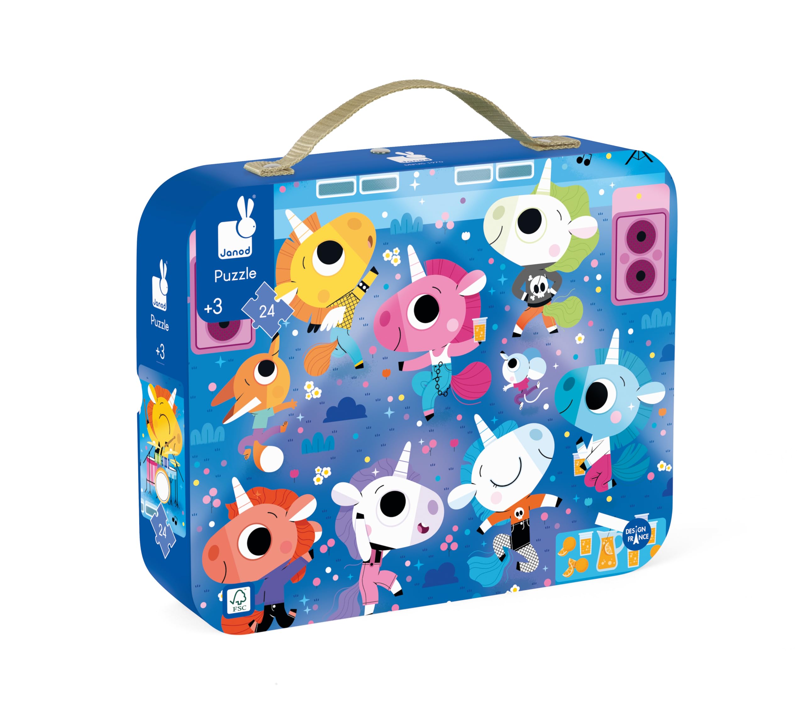Janod 24-teiliges Kinderpuzzle – Einhorn Rock Konzert – Geschenktasche mit Stoffgriff – Alter 3–5 Jahre – J02556