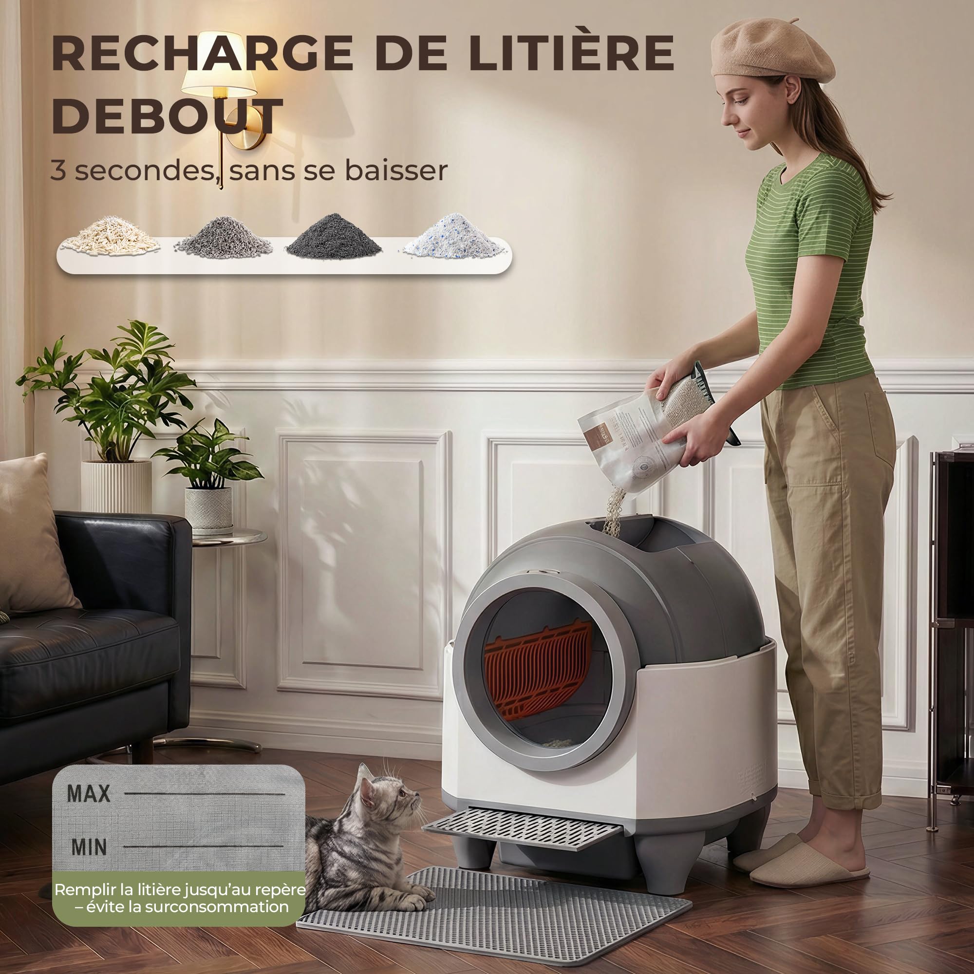 TRIUMPHKEY litière pour chat autonettoyante, litière autonettoyante automatique avec protection multiple, surveillance à distance APP, bac à litière chat XXL avec neutralisation des odeurs et nettoyag