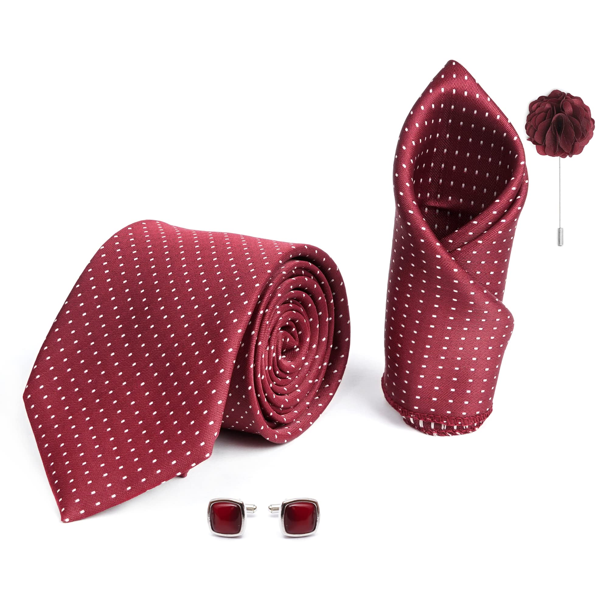 AxlonMens Plaid Dotted Silk Necktie Gift Set With Pocket Square Cufflinks & Brooch Pin Tie For Men Formal With Leatherite Box (D1RX Free Size) | (Leather Gift Box) (Pack of 4)