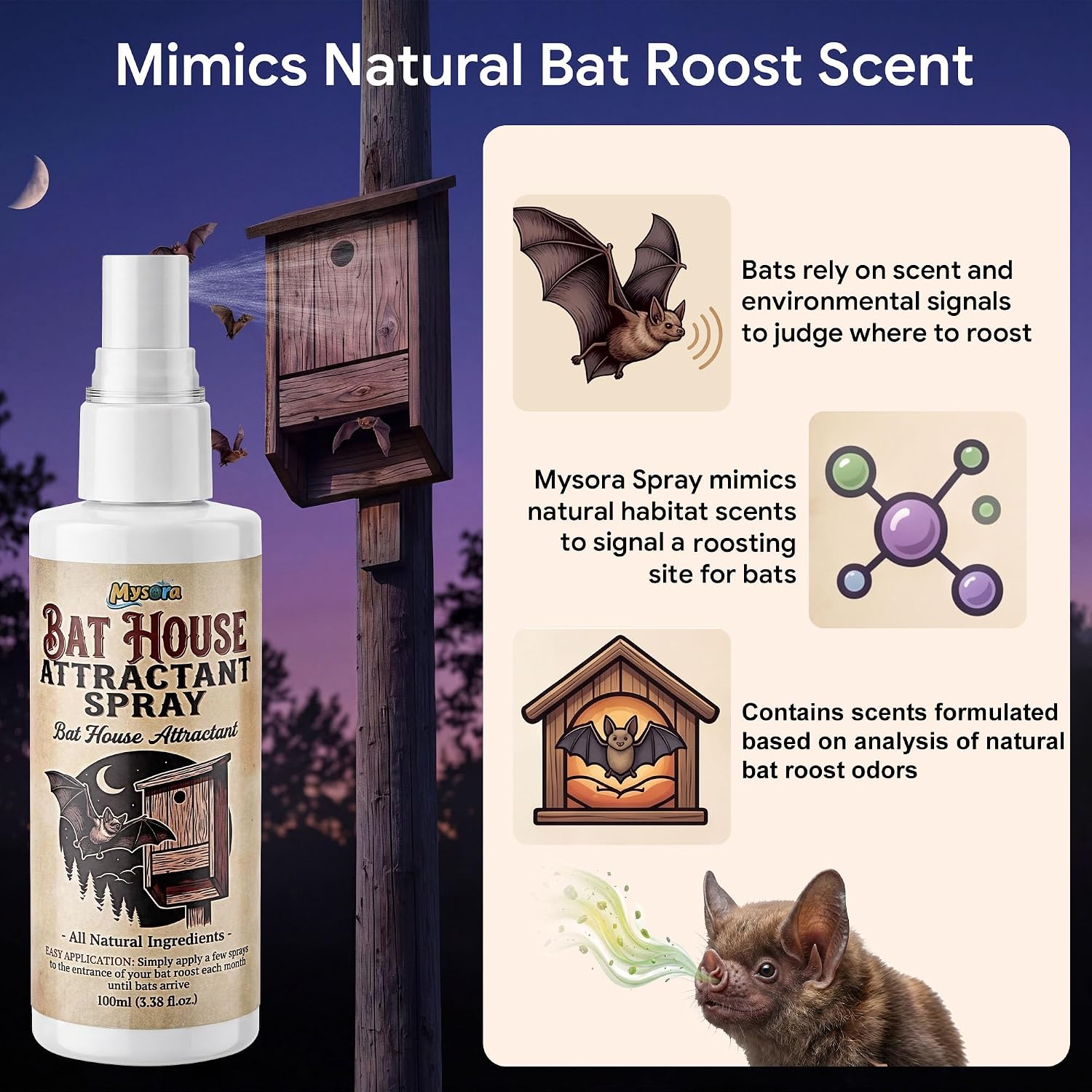 Bat Attractant Spray for Bat House, 3.38oz Natural Bait Scent Lure to Attract Bats to Boxes, Wood, Backyard and Garden Outdoor Habitat