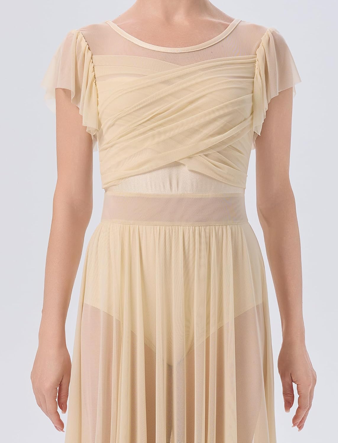 AFAVOM Lyrical Dance Costume for Women Mesh Ruffle Cutout Lyrical Dress Flowy Tulle Skirt Contemporary Dance Costumes XS-XL