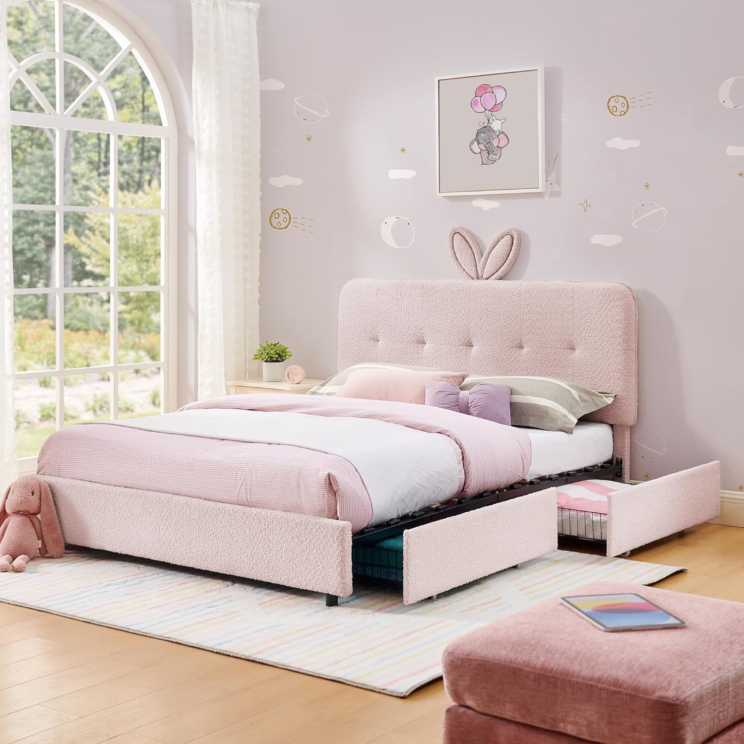 Queen Size Platform Bed Frame, Upholstered Bed Frame with Rabbit Ear Headboard, Boucle Montessori Beds with LED Lights & Bluetooth Music, for Bedroom, Apartment, Easy Assembly, Pink