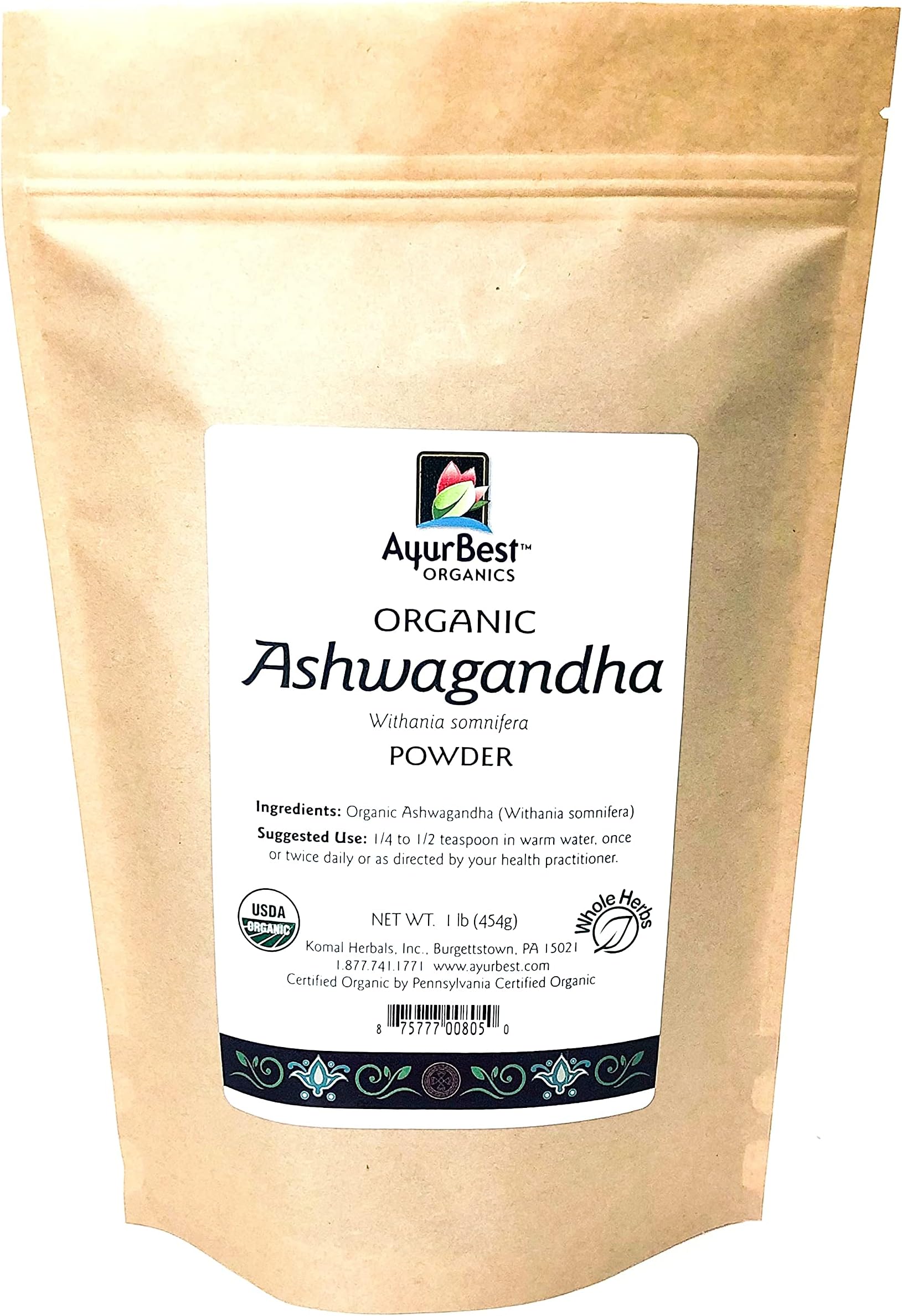 AyurBest Ashwagandha Root Powder Organic USDA Certified (1 lb Bag)