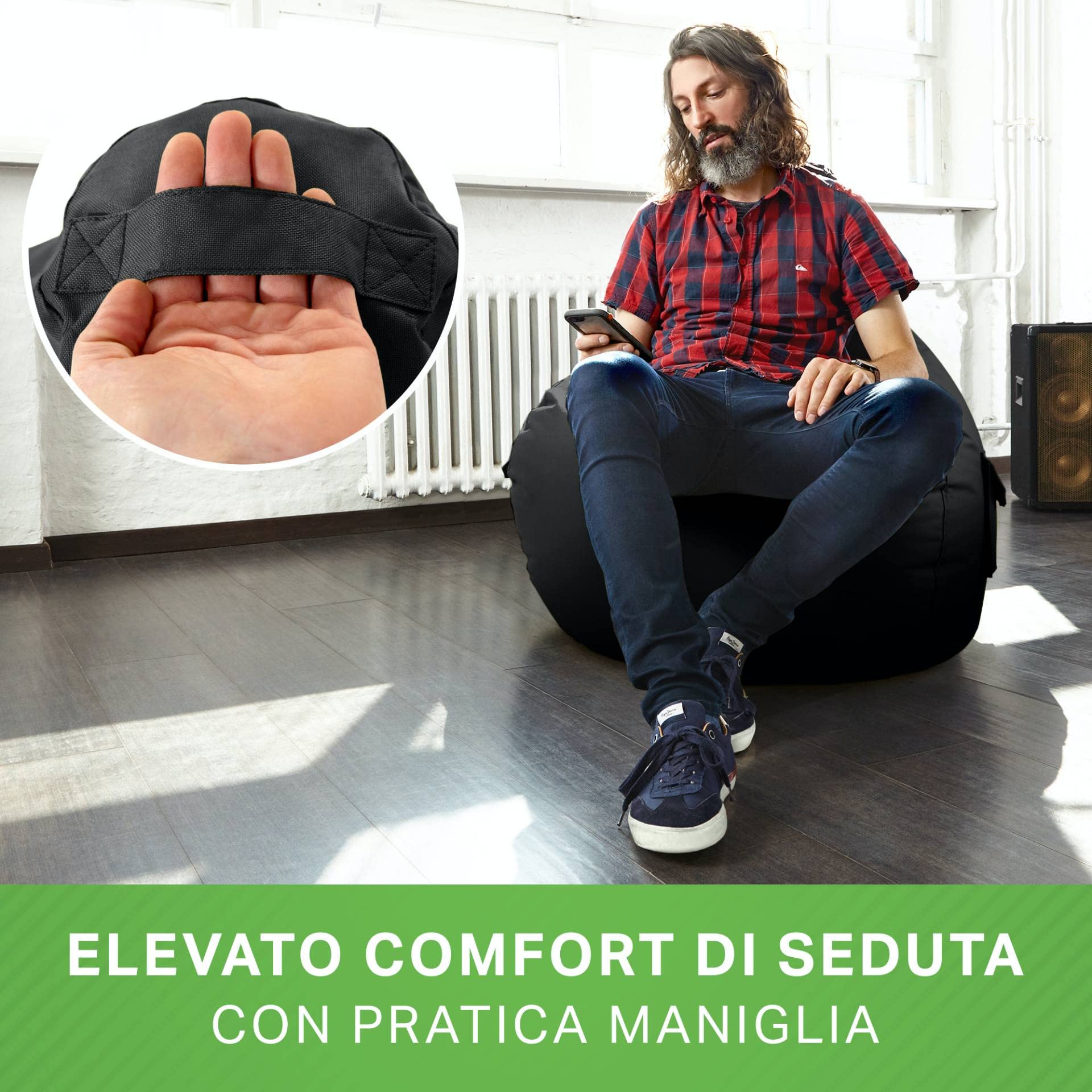 Green Bean© Poltrona a sacco con schienale 80x70x90cm - Sedia Gaming 230 litri di imbottitura accogliente, morbida, e lavabile - Cuscino pavimento Pouf Sgabello Poltrona da gioco Relax Nero
