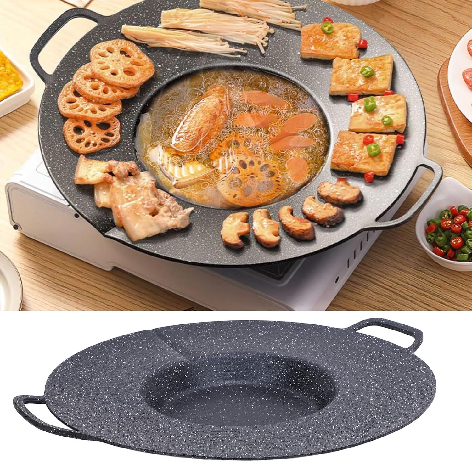 Nonstick Grilling Skillet Pan, Aluminum Alloy 14 inch Round Griddle Grill Pan, for Frying, Grilling, Stewing, with Uniform Heat Conduction, Smokeless, Dual Temperature Control