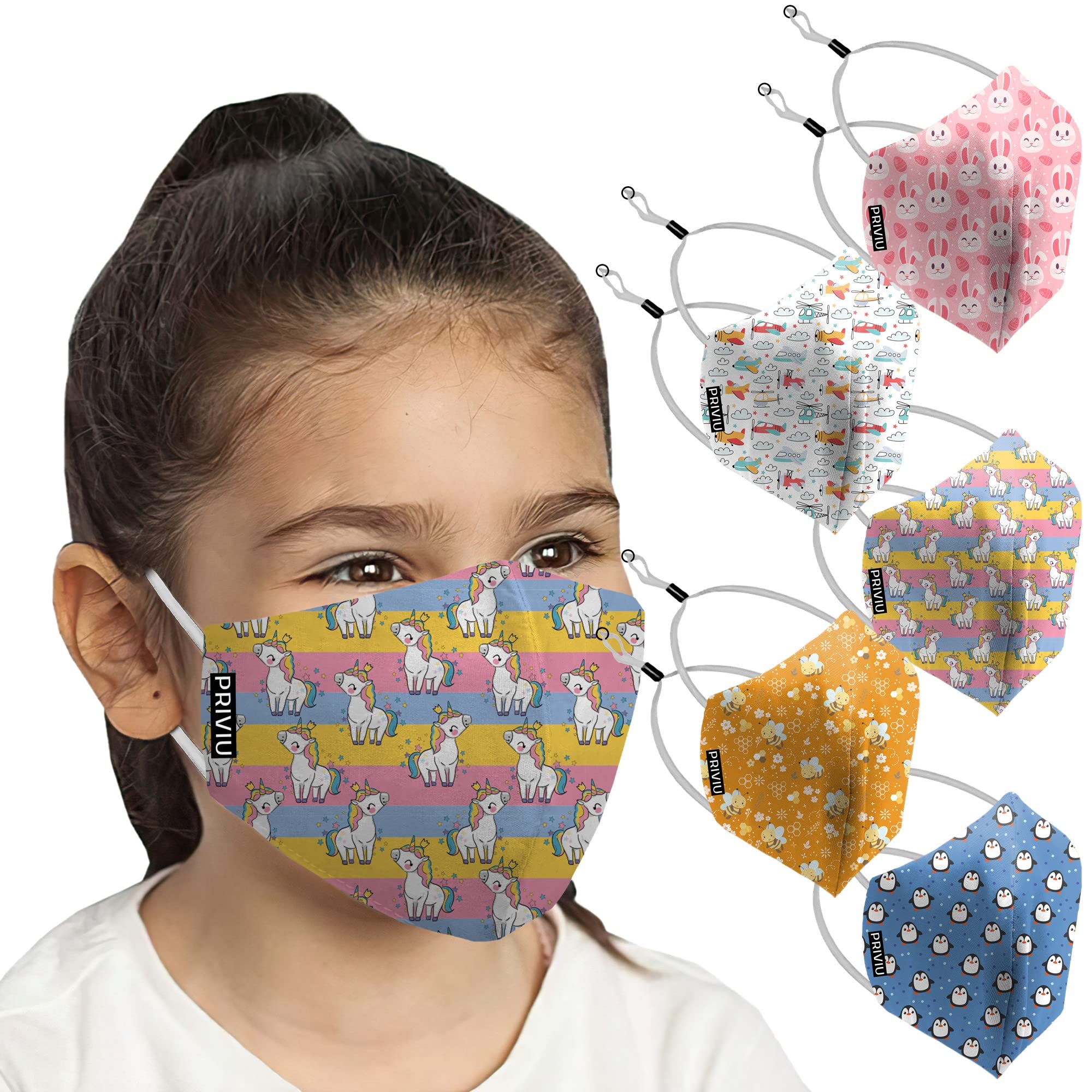 Kids Face Masks for Girls & Boys 3 to 6 Years, Washable, Reusable, Comfortable Pollution Face Mask with Adjustable Over Head Loop, 4 Layer with Pure Cotton Inner Cloth, Pack of 5-image-35