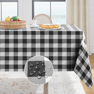 Softalker Gingham Checkered Tablecloth Rectangle - Outdoor Waterproof Buffalo Plaid Table Cloth, Stain Resistant Washable Table Cover for Picnic, Camping, Dining - Black and White, 60 x 84 Inch