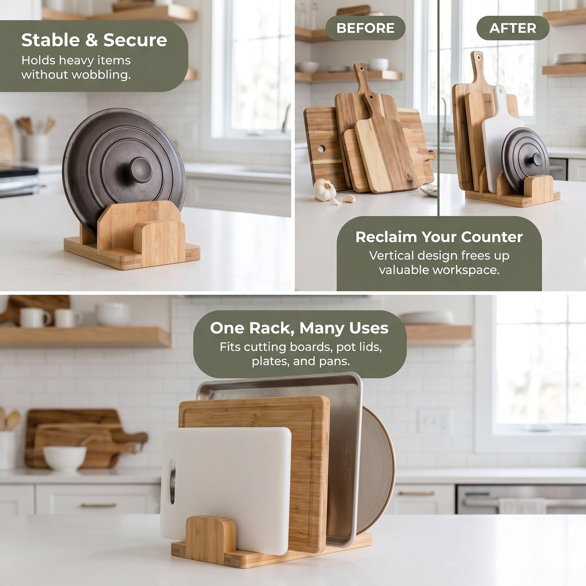 Portatagliere In Legno Di Bambù 3 Scomparti, Organizer Da Cucina Per Taglieri, Salvaspazio Da Appoggio, Versatile Per Pentole E Teglie