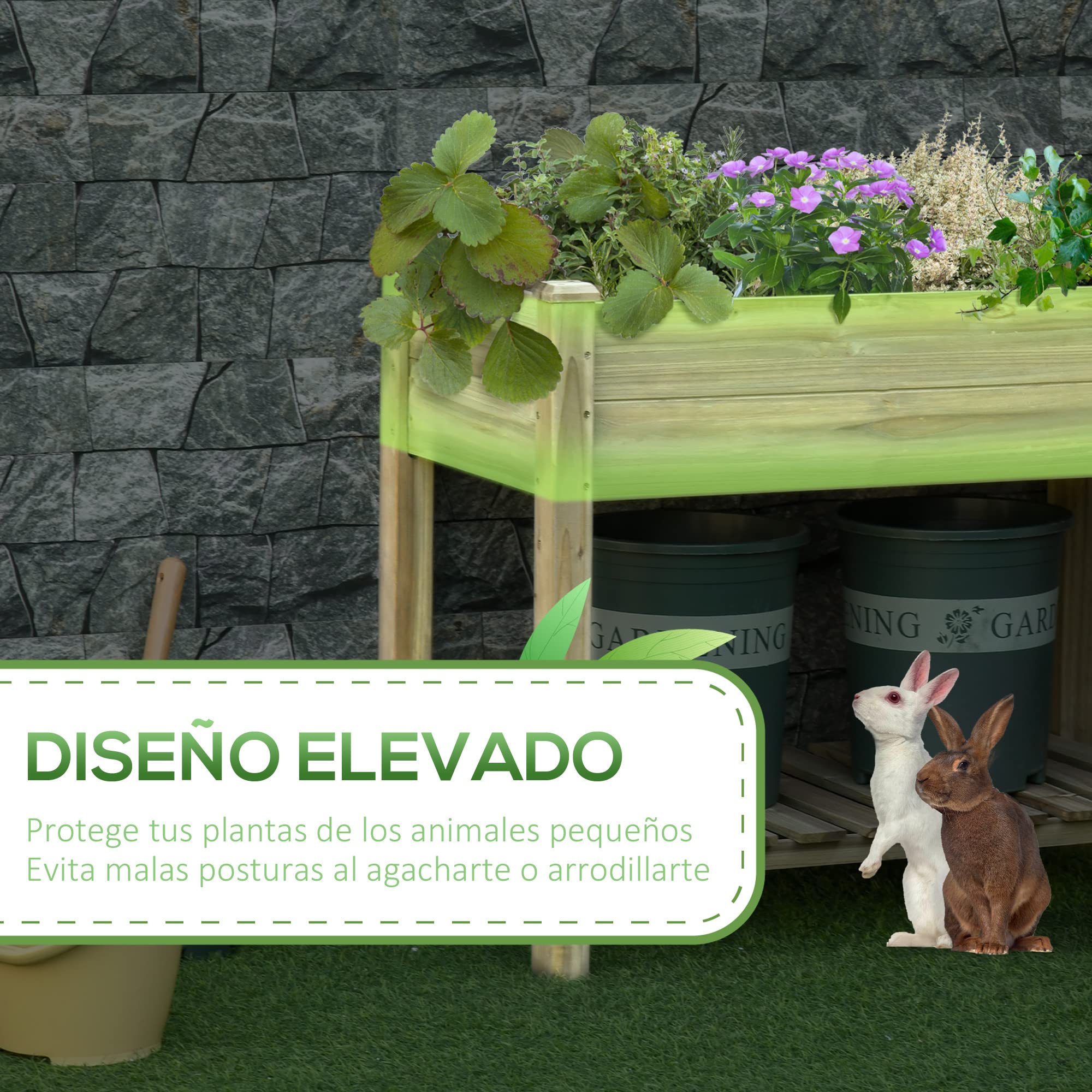 Outsunny Huerto Urbano de Madera con Estante Mesa de Cultivo Rectangular con Orificios de Drenaje para Cultivos Plantas Jardín Terraza Exterior Carga 80 kg 91x51x76 cm Natural