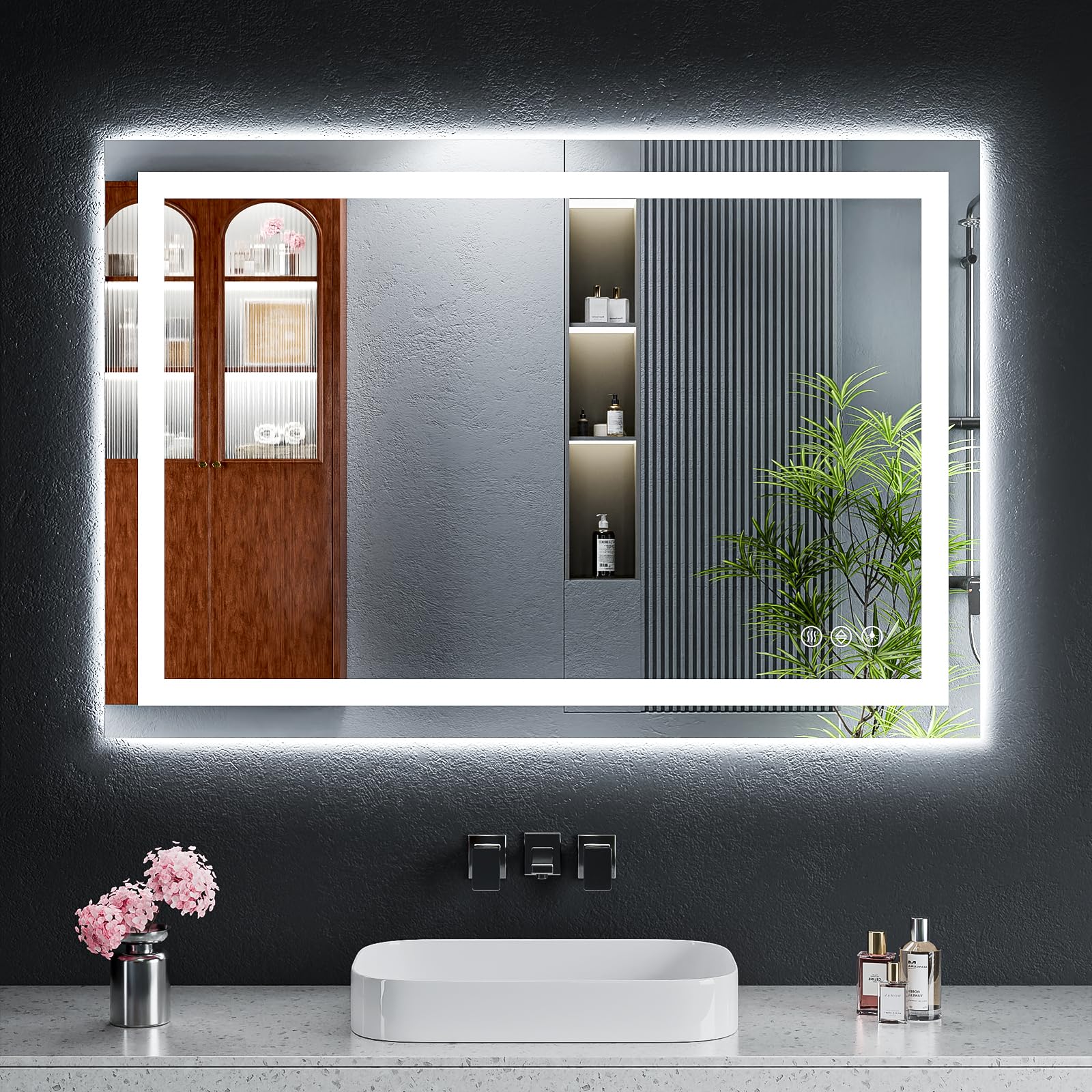 Specchio da bagno a LED con luci, retroilluminato + anteriore illuminato con CRI> 90, specchio illuminato per bagno, anti-appannamento, luminosità dimmerabile, 3 colori, funzione memoria, vetro