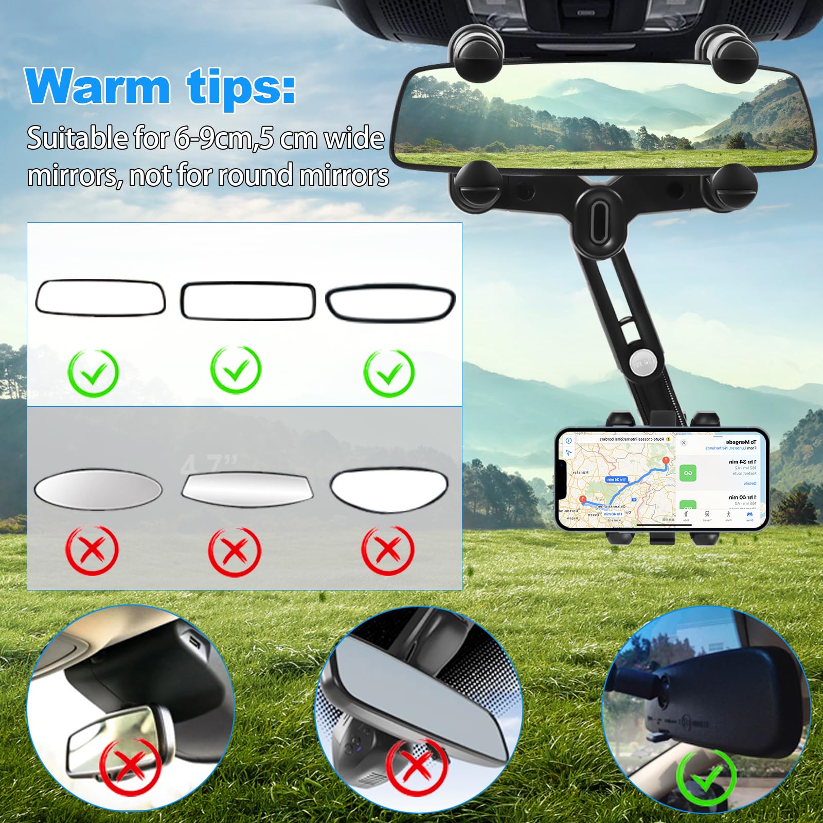 Telefoonhouder voor achteruitkijkspiegel, 360 graden draaibare telefoonhouder voor achteruitkijkspiegel, auto-organizer voor minivan, voertuig, vrachtwagens, caravan, SUV
