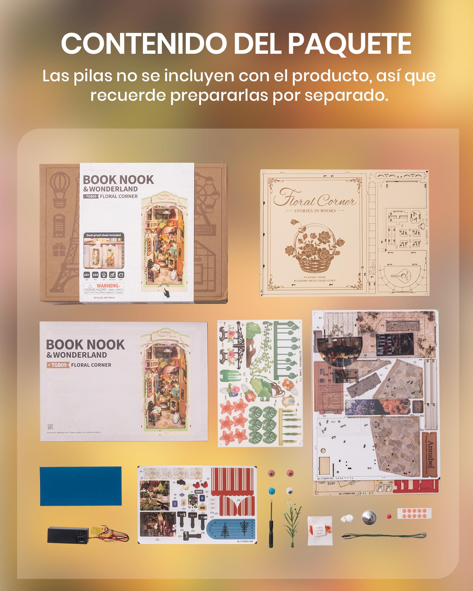 ROBOTIME Book Nook Kit Rincón Floral con Luces LED - Booknook Casas de Muñecas de Madera, Booknok Decoración del Hogar, Nookbook Regalos para Adultos Niños Mujeres